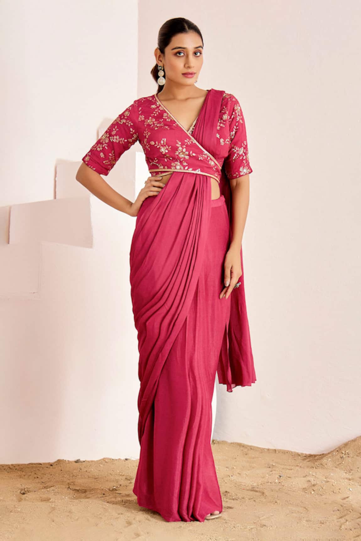 Suruchi Parakh Plain Pre-Draped Saree With Embroidered Wrap Blouse 