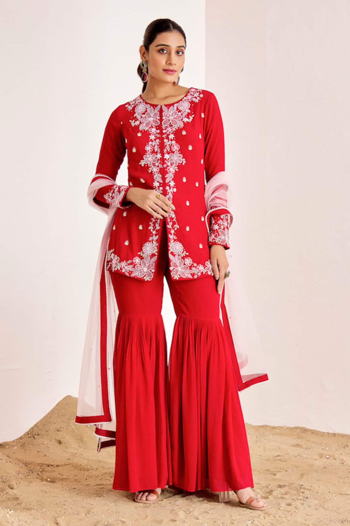 Suruchi Parakh Cutdana Embroidered Floral Jacket Kurta Sharara Set 