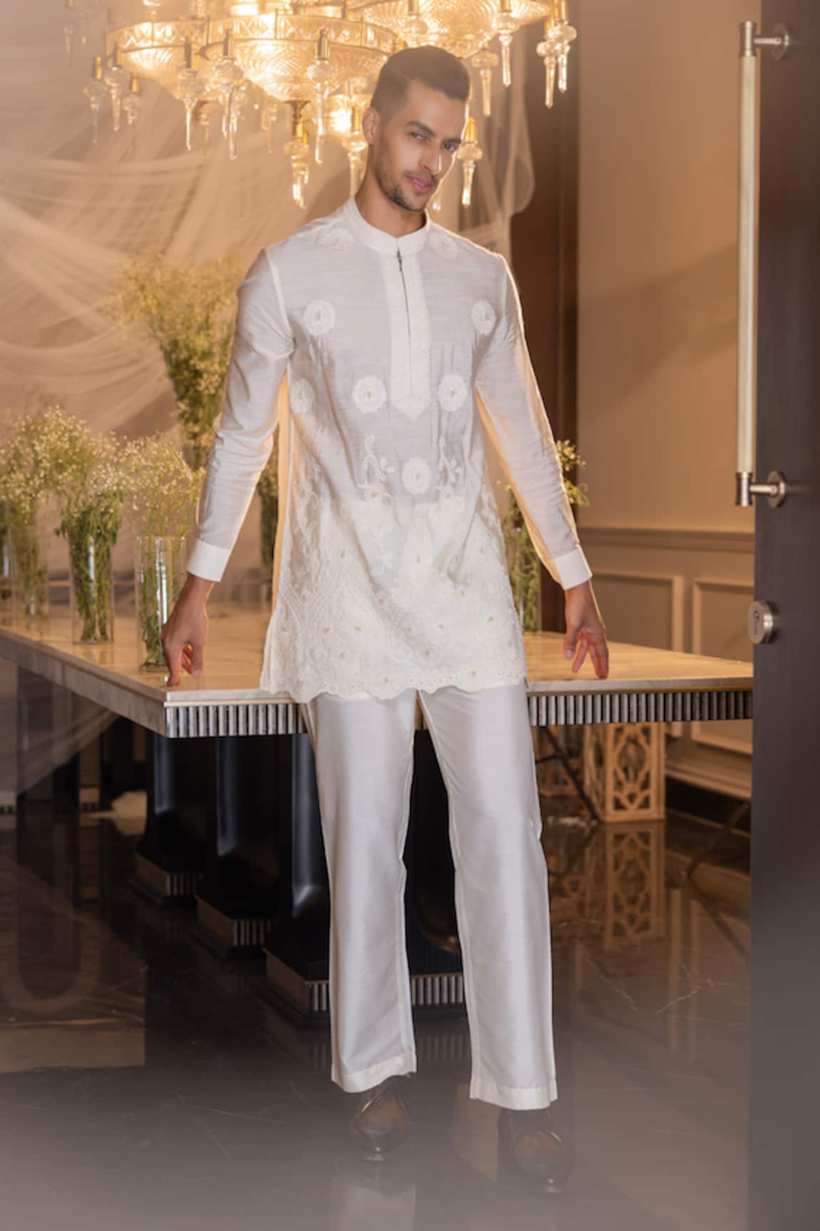 Amit Arora Floral Pattern Embroidered Kurta Aligadhi Set