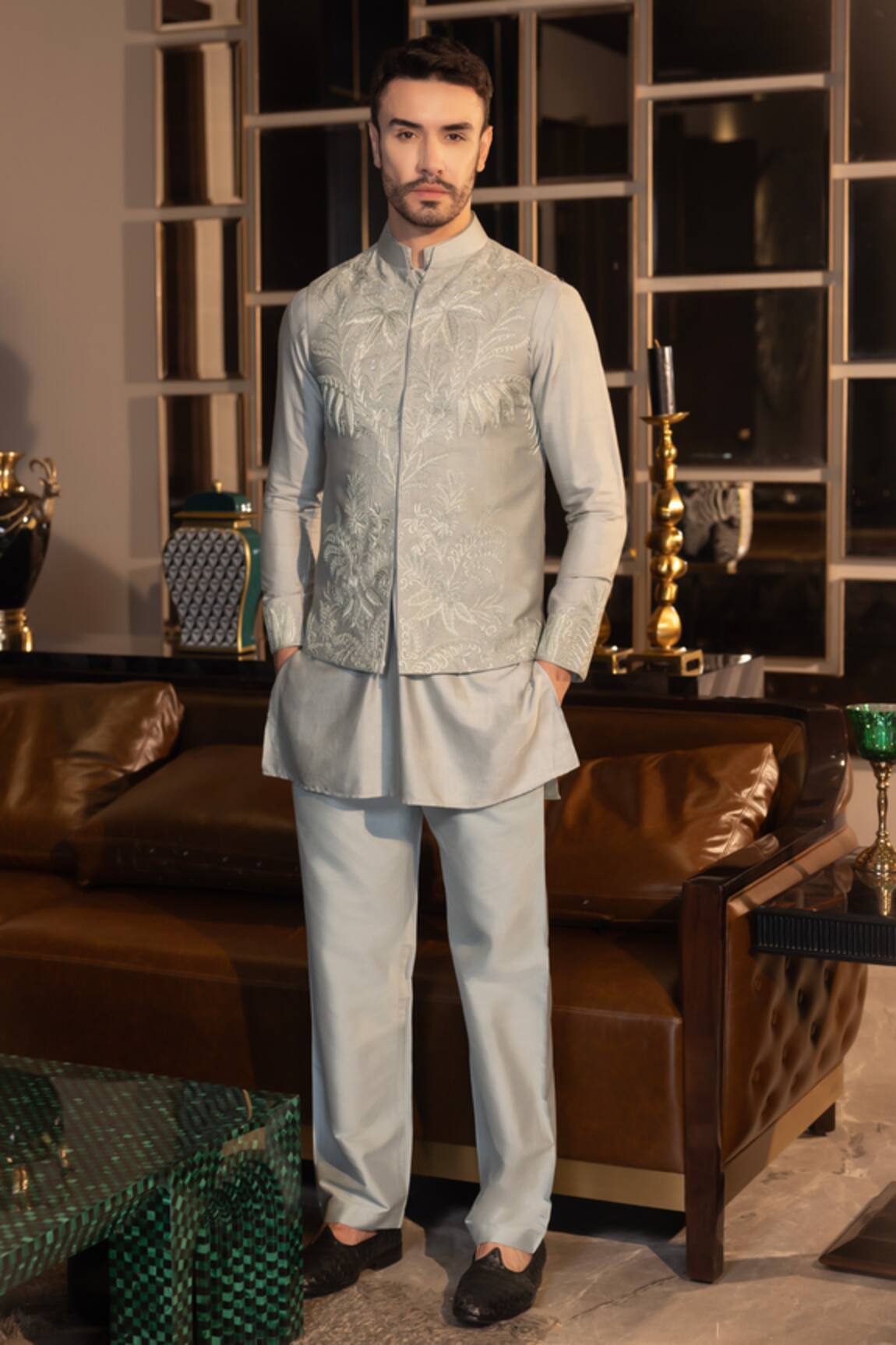 AMIT ARORA Floral Hand Embroidered Waistcoat & Kurta Set 