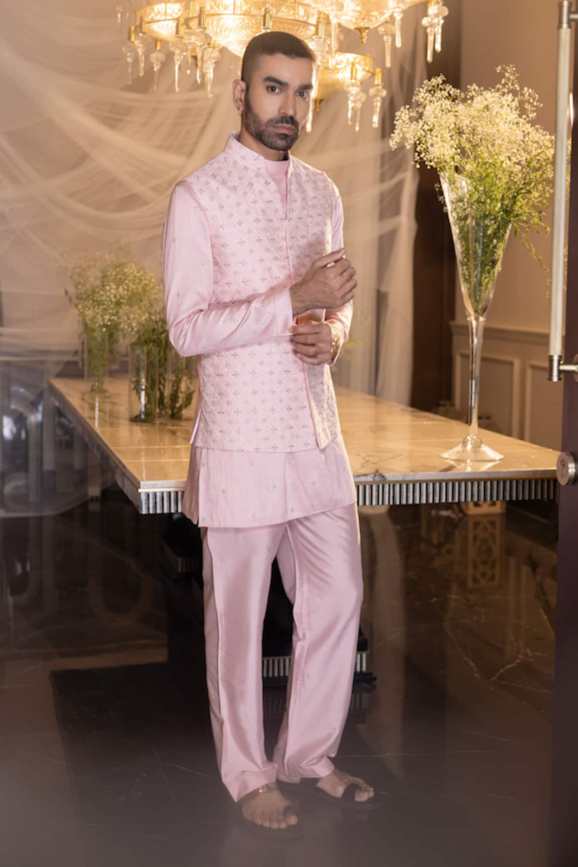 Amit Arora Geometric Floral Embroidered Waistcoat With Kurta Set 