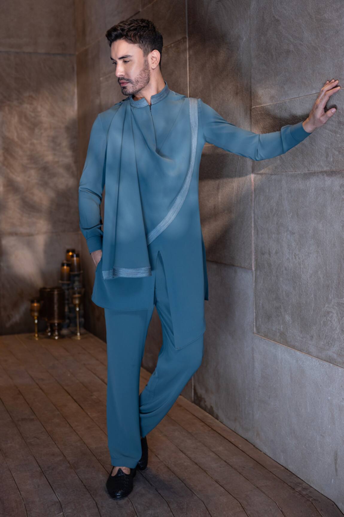 AMIT ARORA Thread Embroidered Drape Kurta With Aligadhi 