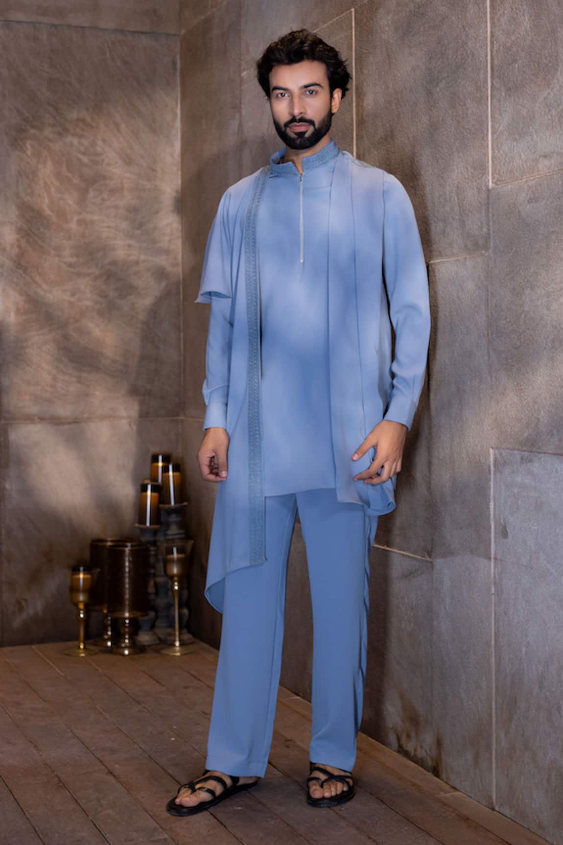 Amit Arora Thread Embroidered Asymmetric Drape Kurta With Aligadhi 