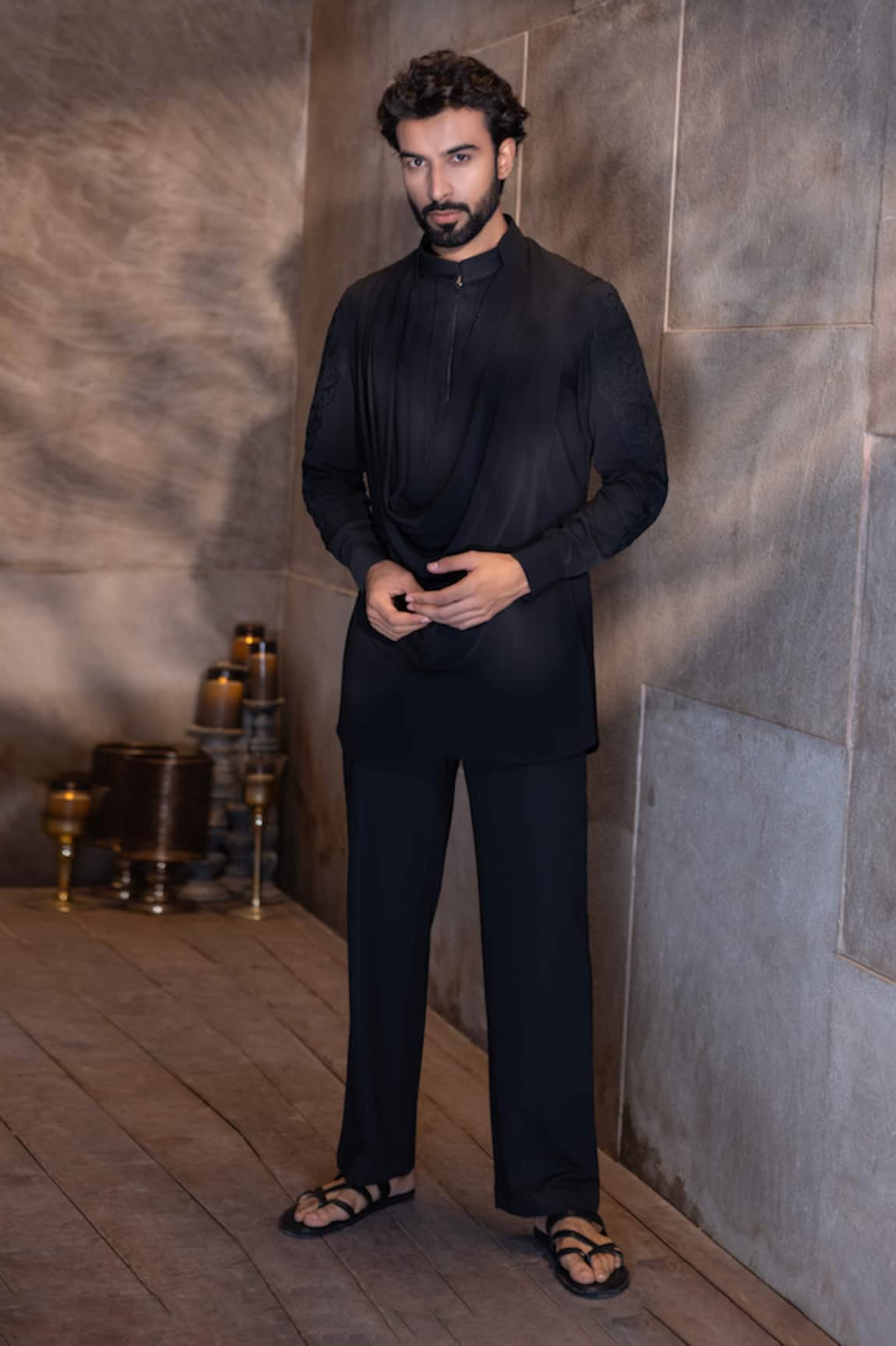 Amit Arora Thread Embroidered Cowl Drape Kurta With Aligadhi