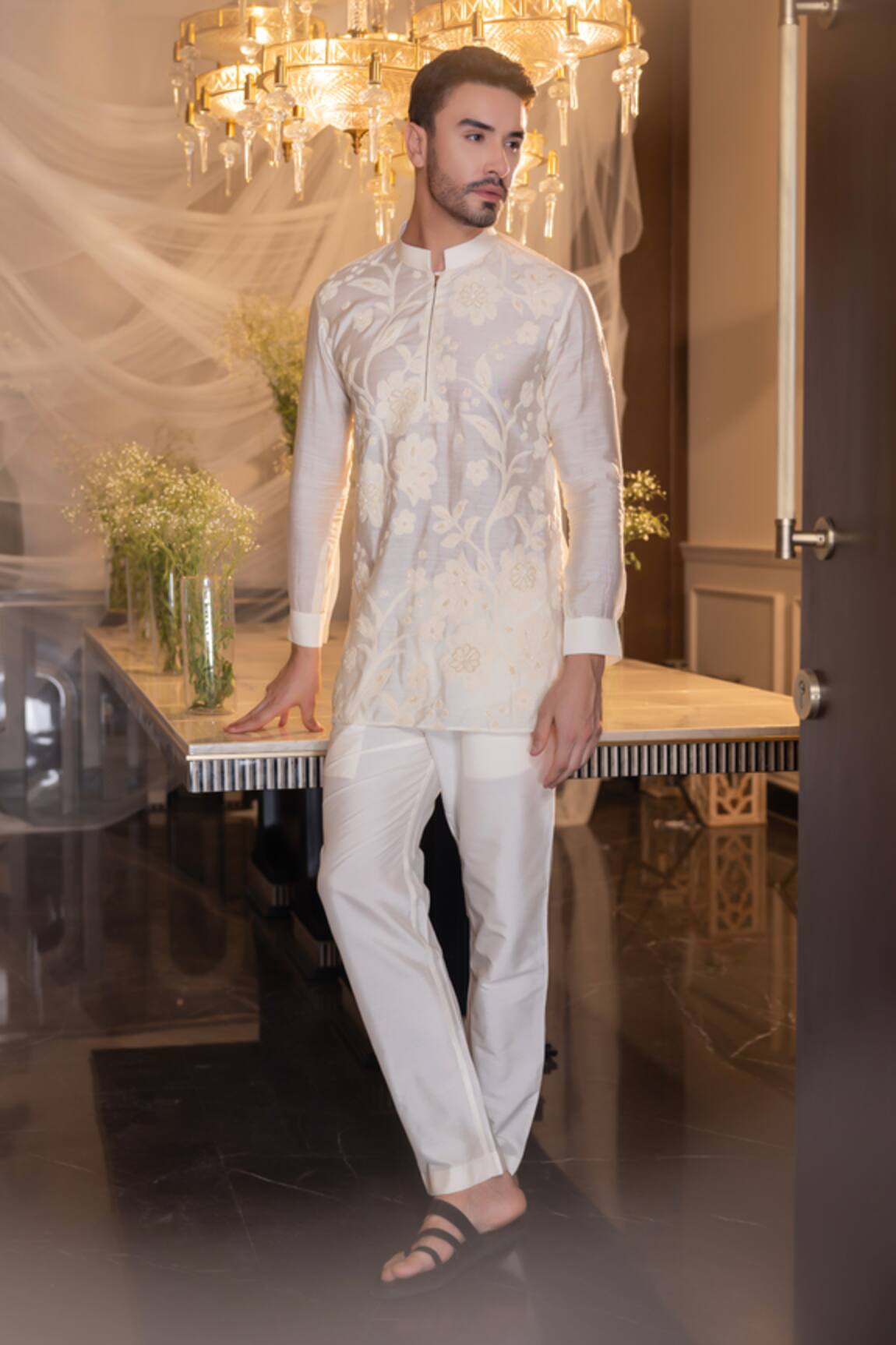 Amit Arora Floral Embroidered Short Kurta With Aligadhi 