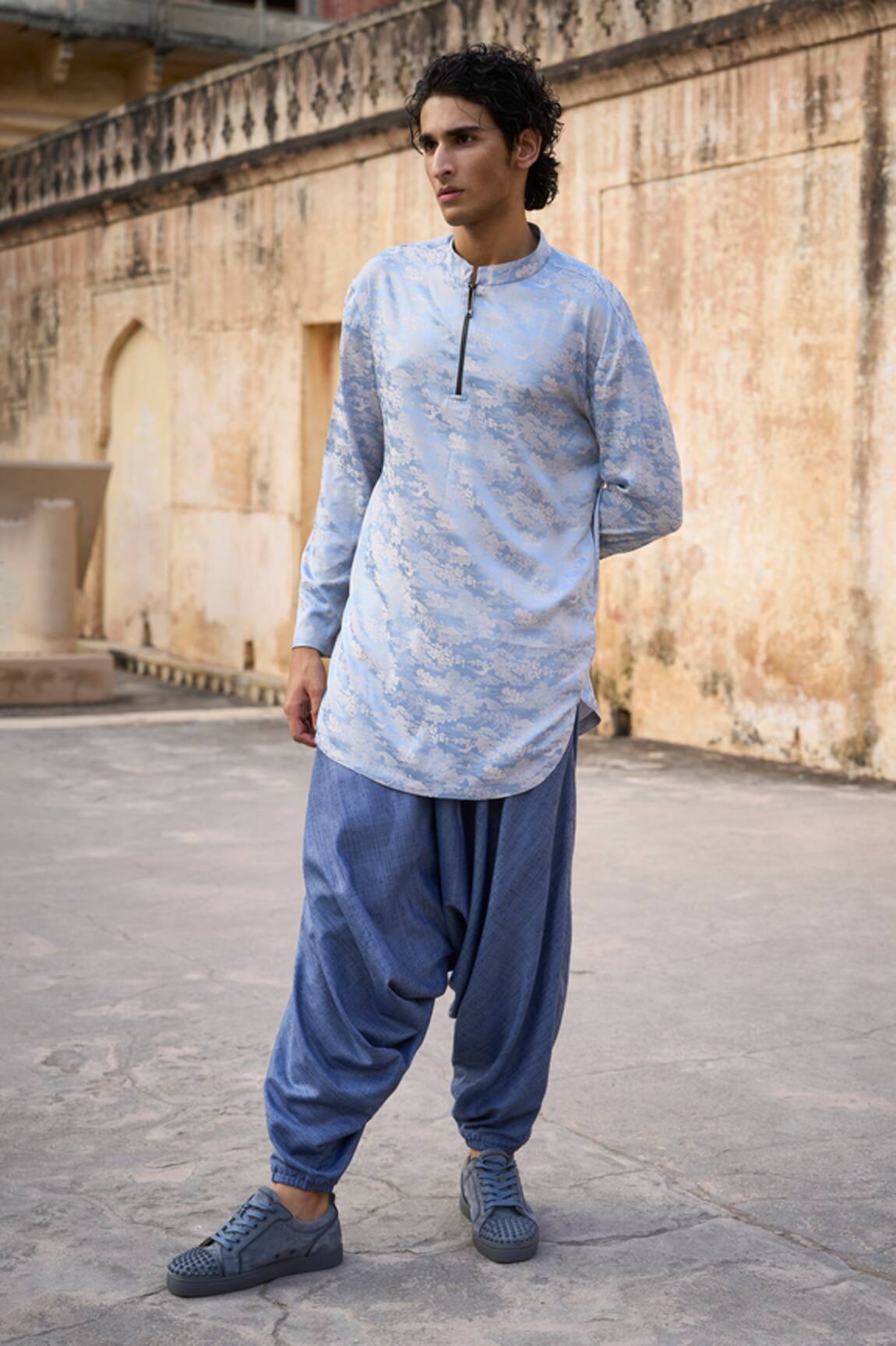 Dash And Dot Blue Jacquard Short Kurta 
