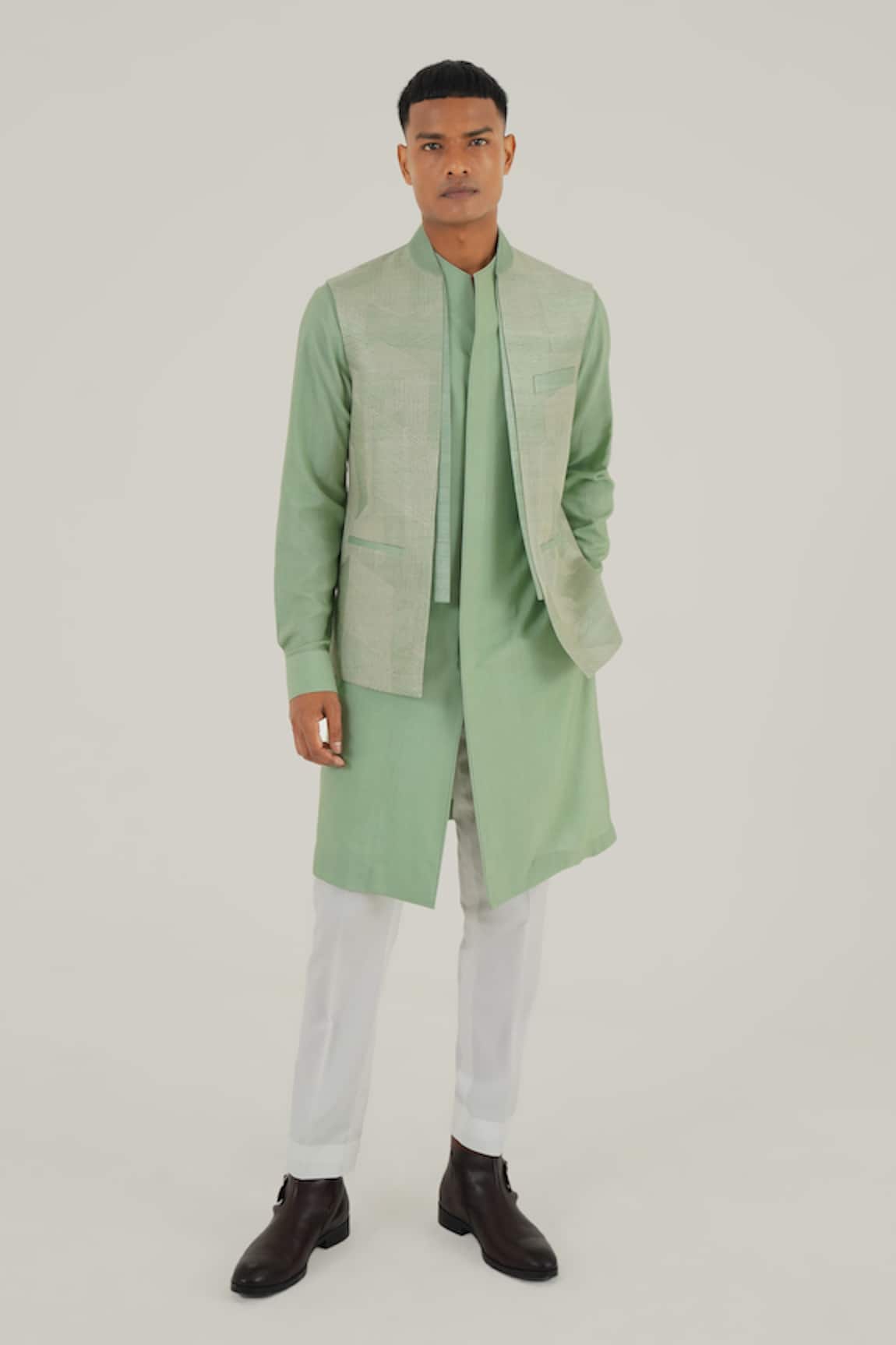 Dhruv Vaish Thread Embroidered Mint Green Jawahar Jacket 