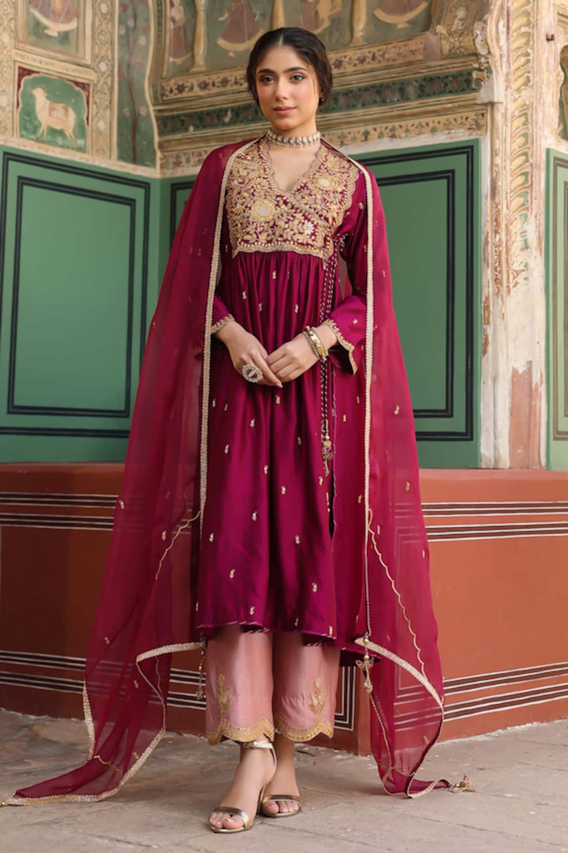 Label Niti Bothra Zari Embroidered Angarkha Anarkali & Pant Set 