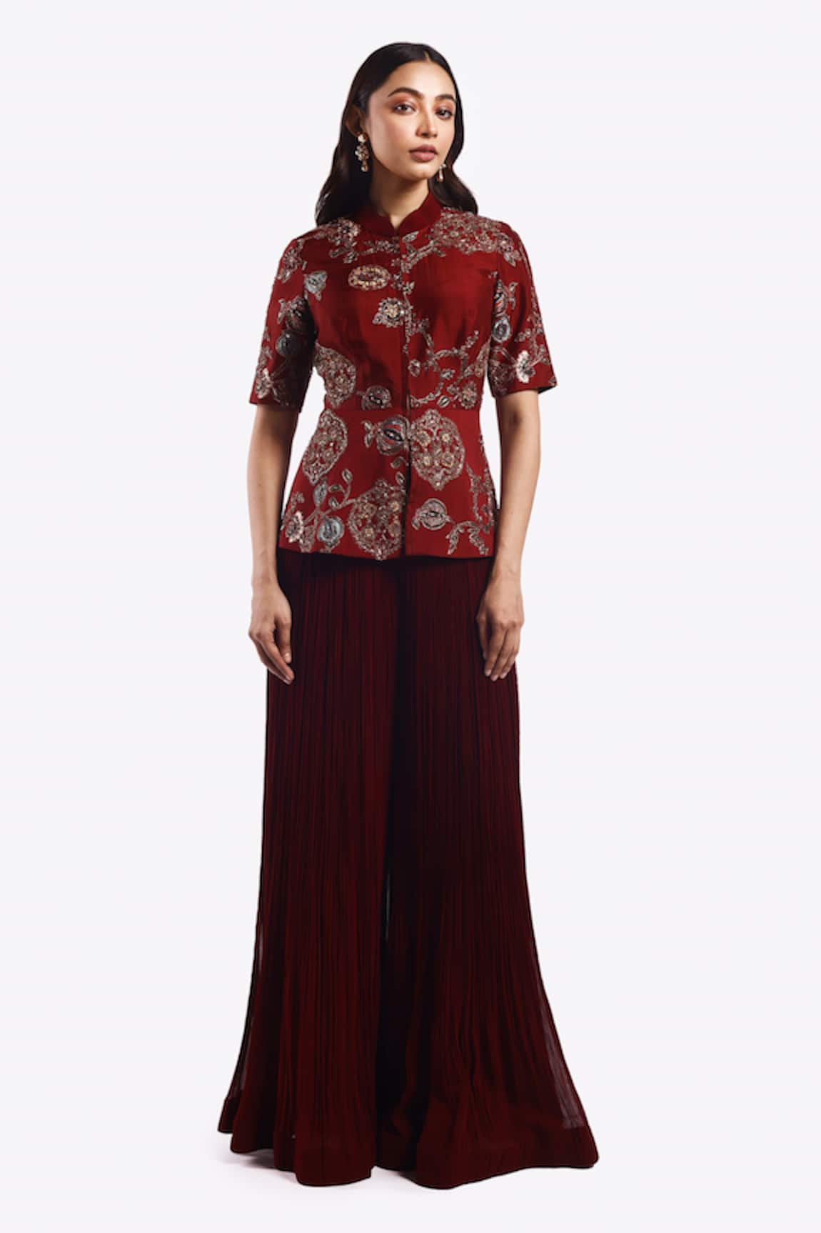 Onaya Metallic Zari Embroidered Peplum Top With Flared Pant
