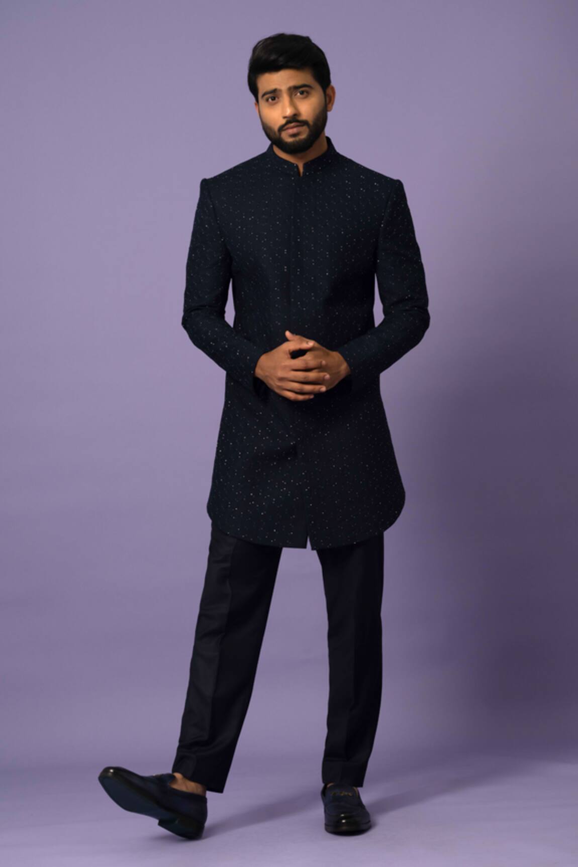 Yoseba Hexagonal Cutdana Embroidered Achkan With Pant