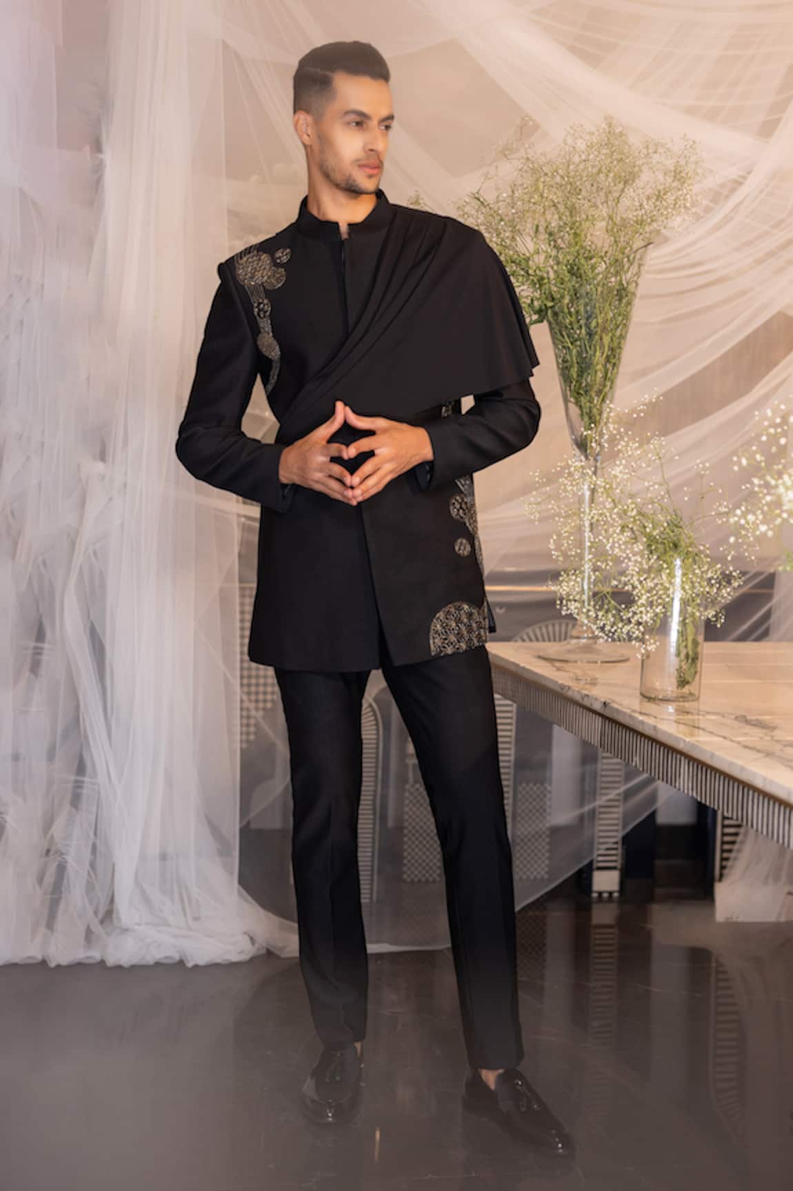 Amit Arora Bead Embroidered Draped Bandhgala With Pant