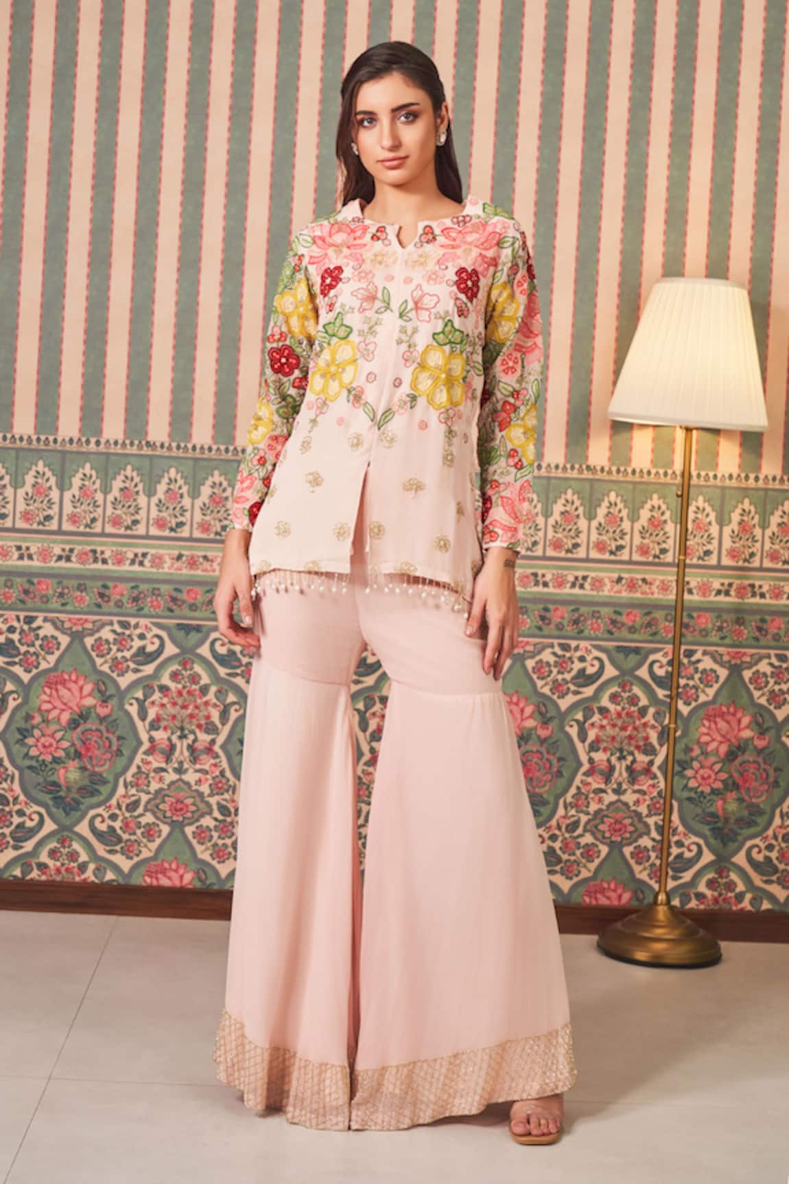 Sammohi By Moksha And Hiral Floral Thread Work Short Kurta With Sharara 