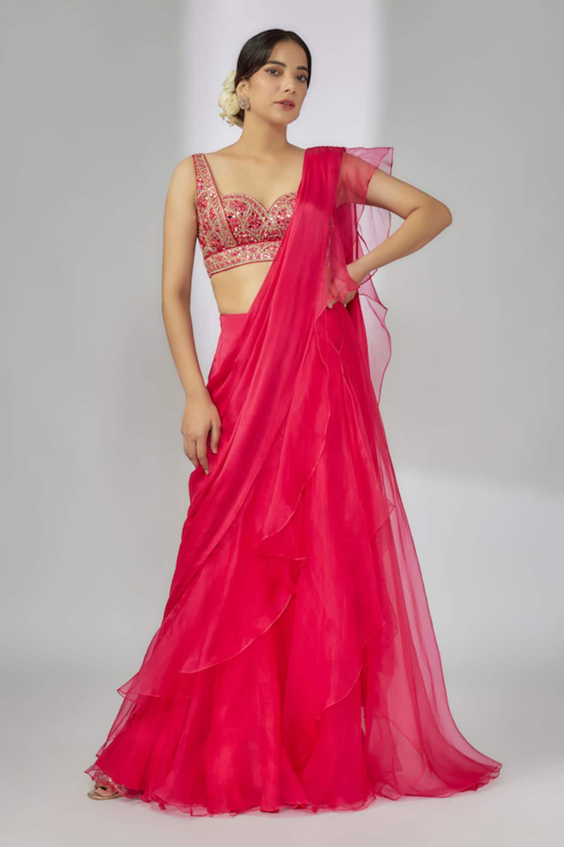 Gopi Vaid Pink Embroidered Pre-Draped Saree Set 