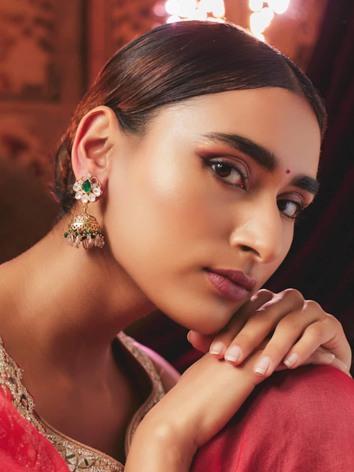 Karisa Designs Floral Polki Embellished Carved Jhumkas 