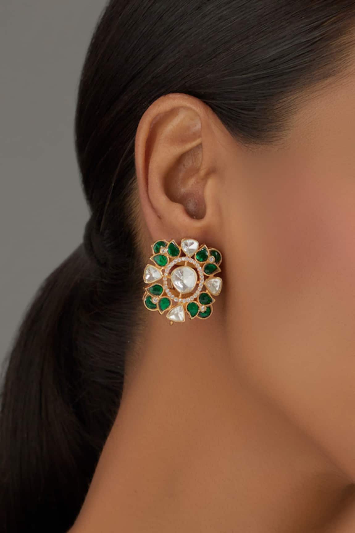 Karisa Designs Moissanite Polki Embellished Abstract Carved Studs 