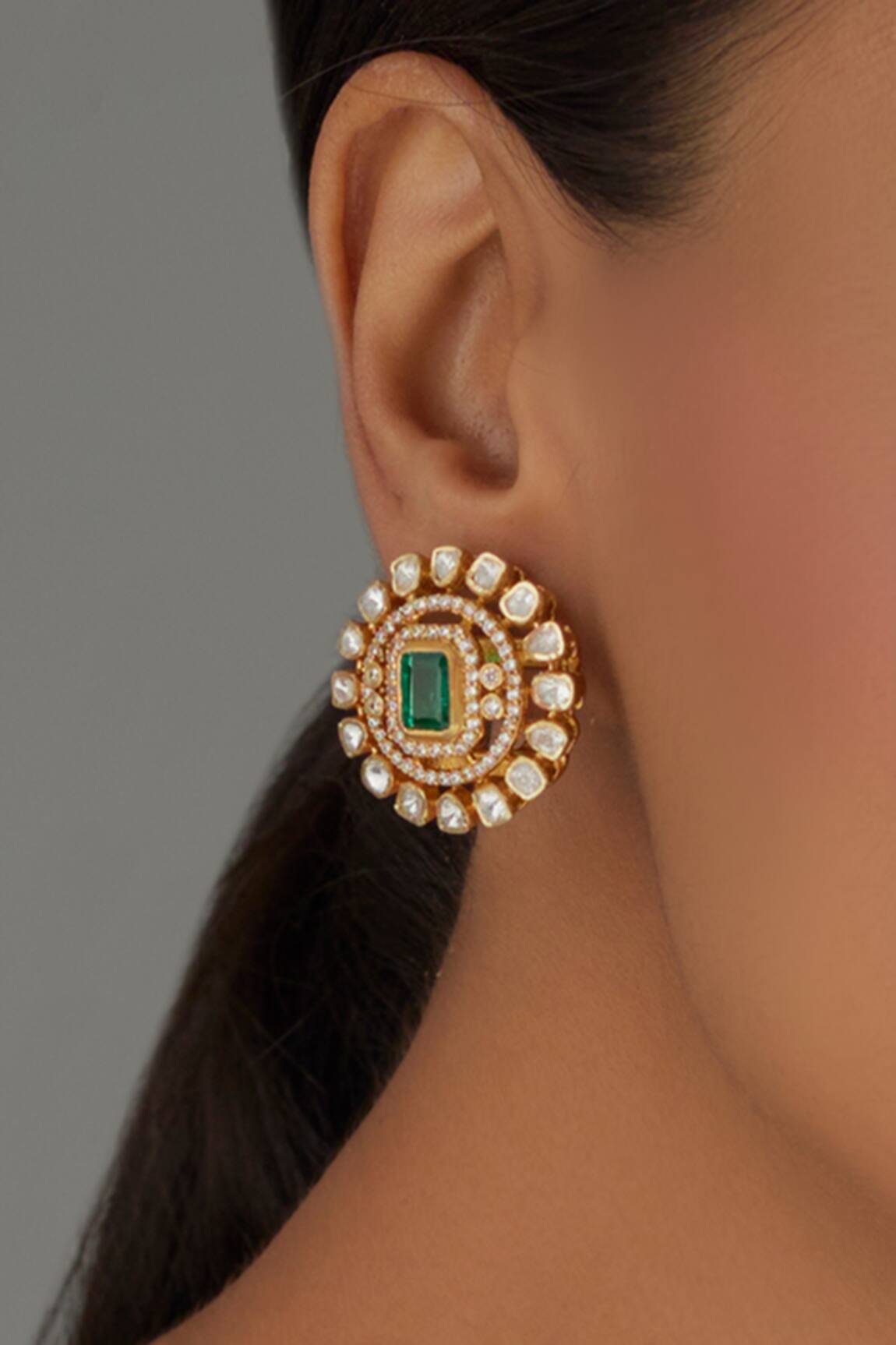 Karisa Designs Moissanite Polki Embellished Carved Studs 