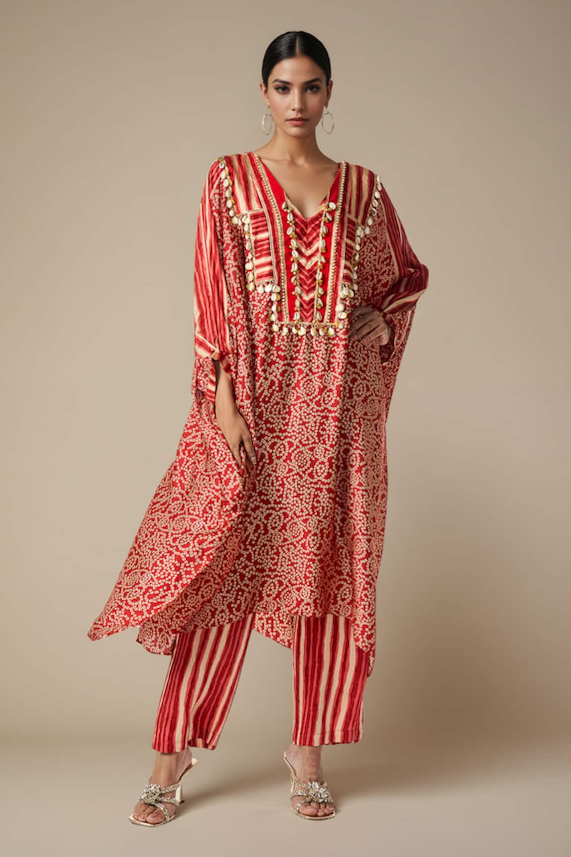 Gulabo By Abu Sandeep Bandhej Print Shell Embellished Kaftan Tunic 