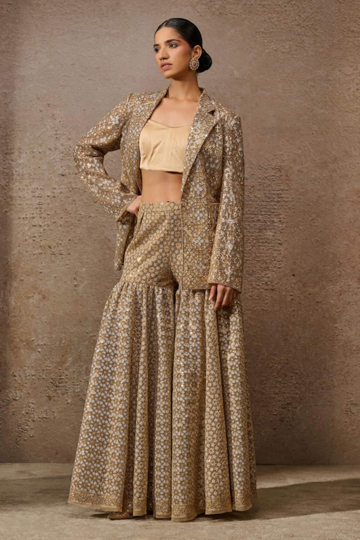 Tarun Tahiliani Sequin Geometric Embroidered Jacket Sharara Set 