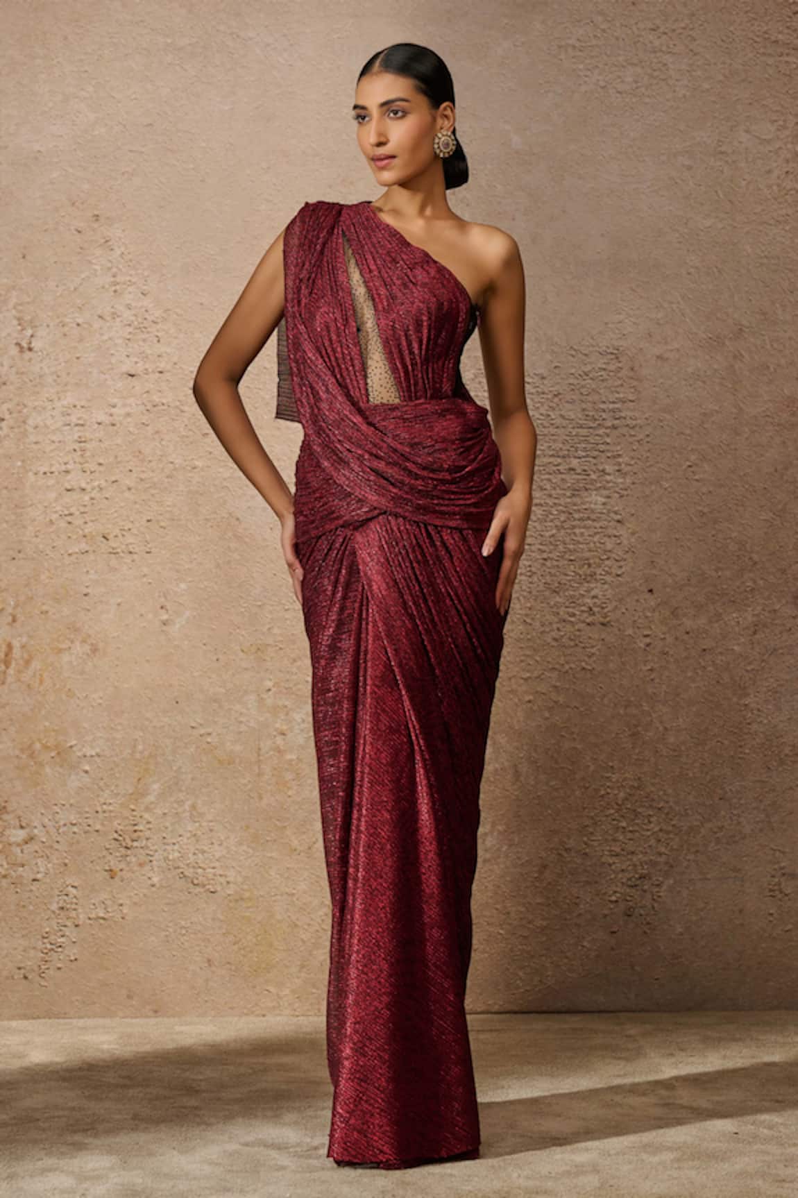 Tarun Tahiliani One Shoulder Embellished Draped Dress 
