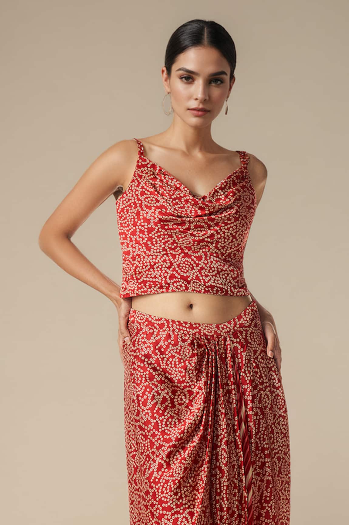 Gulabo By Abu Sandeep Bandhej Print Cowl Neck Crop Blouse 