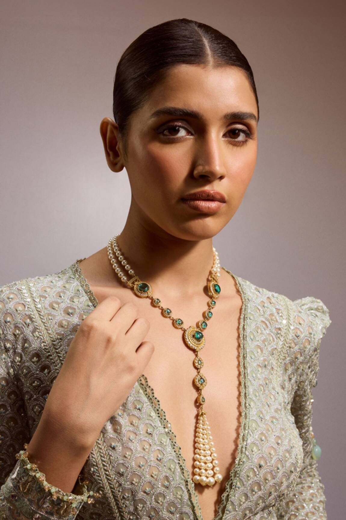 Tarun Tahiliani Emerald Cabochon Embellished Pearl Long Necklace 