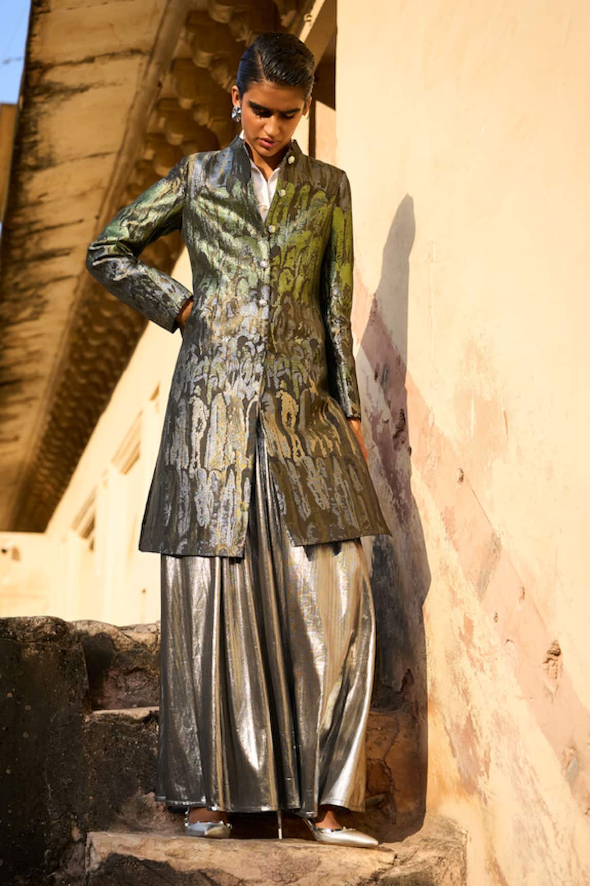 Dash And Dot Ombre Pattern Long Brocade Jacket 