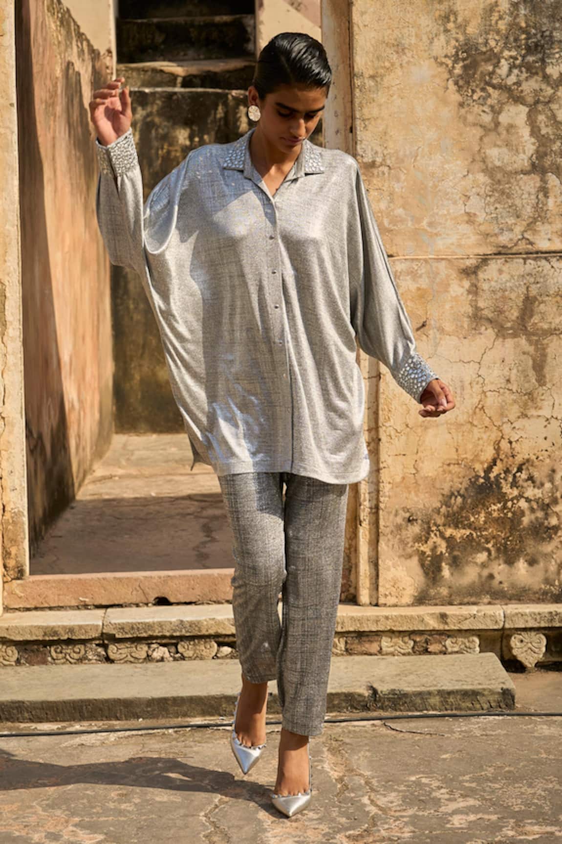 Dash And Dot Placement Mirror Work Shirt With Pant 