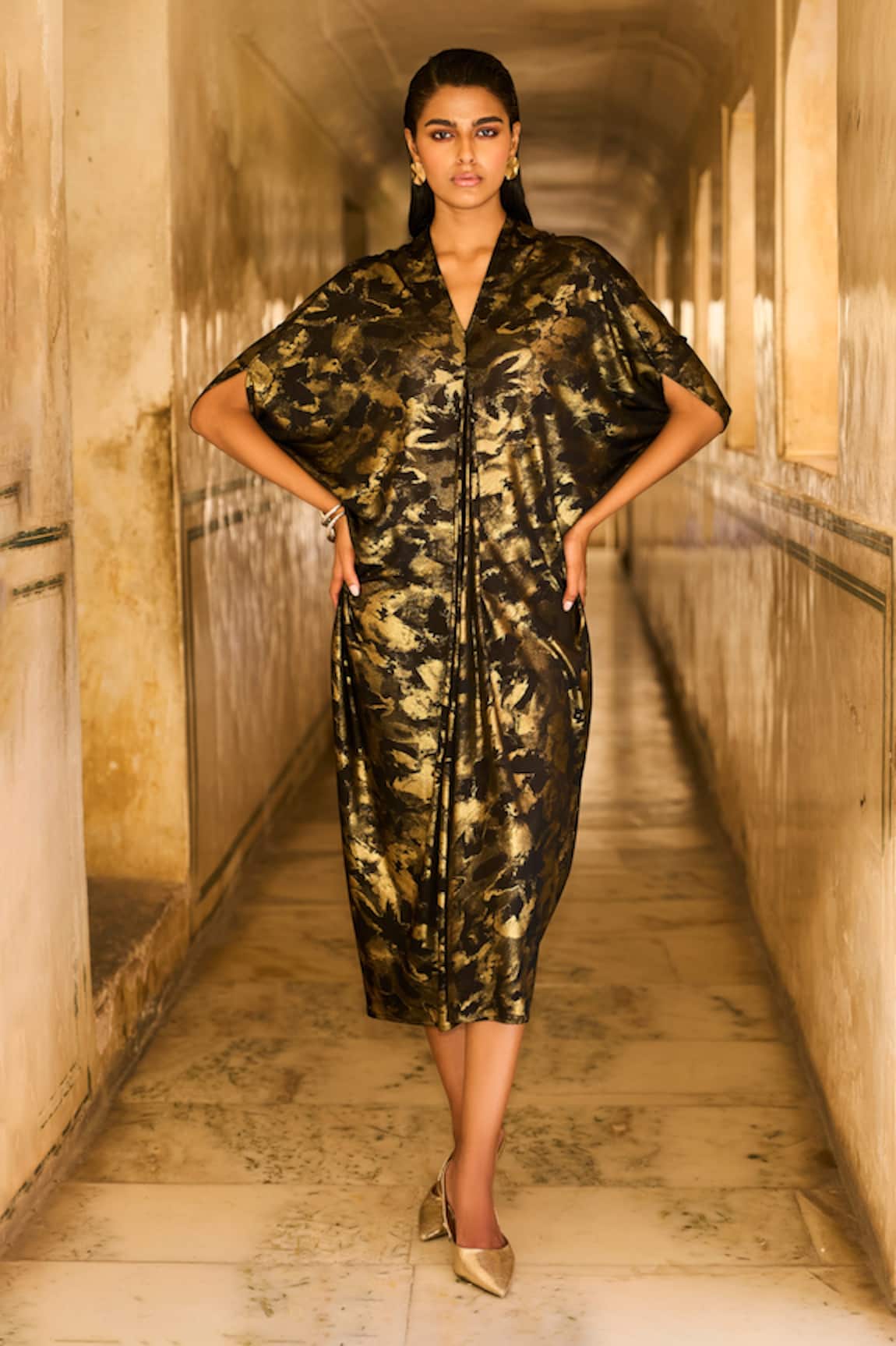Dash and Dot Black Foil Print Cowl Kaftan 