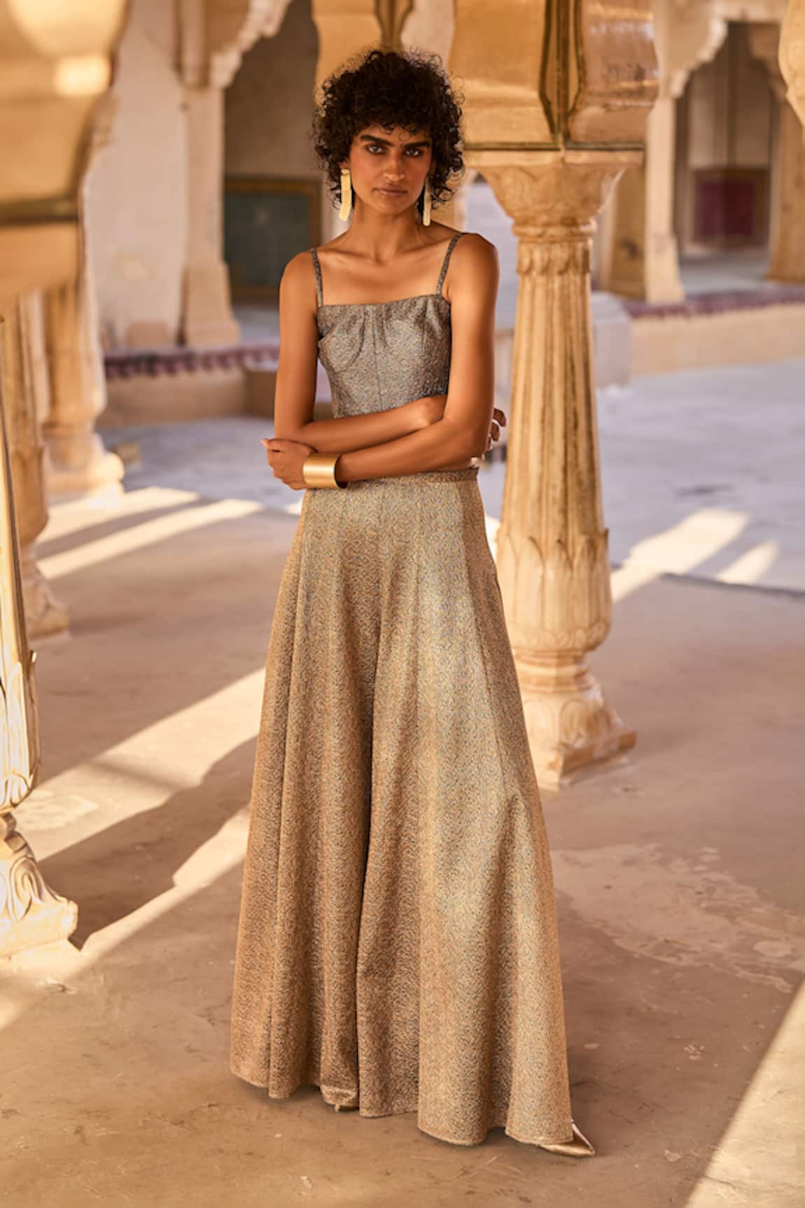 Dash And Dot Metallic Woven Corset Top & Flared Pant Set 