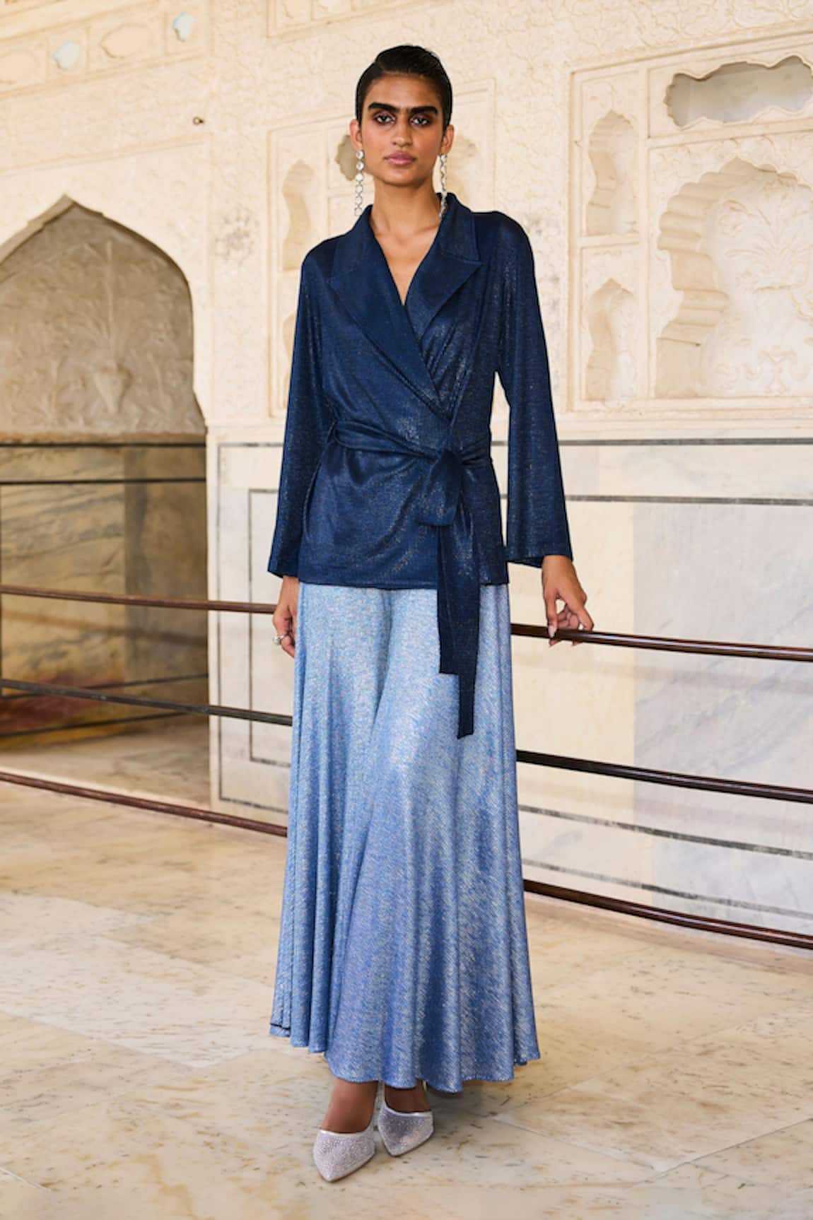 Dash And Dot Metallic Wrap Shirt & Flared Pant Set 