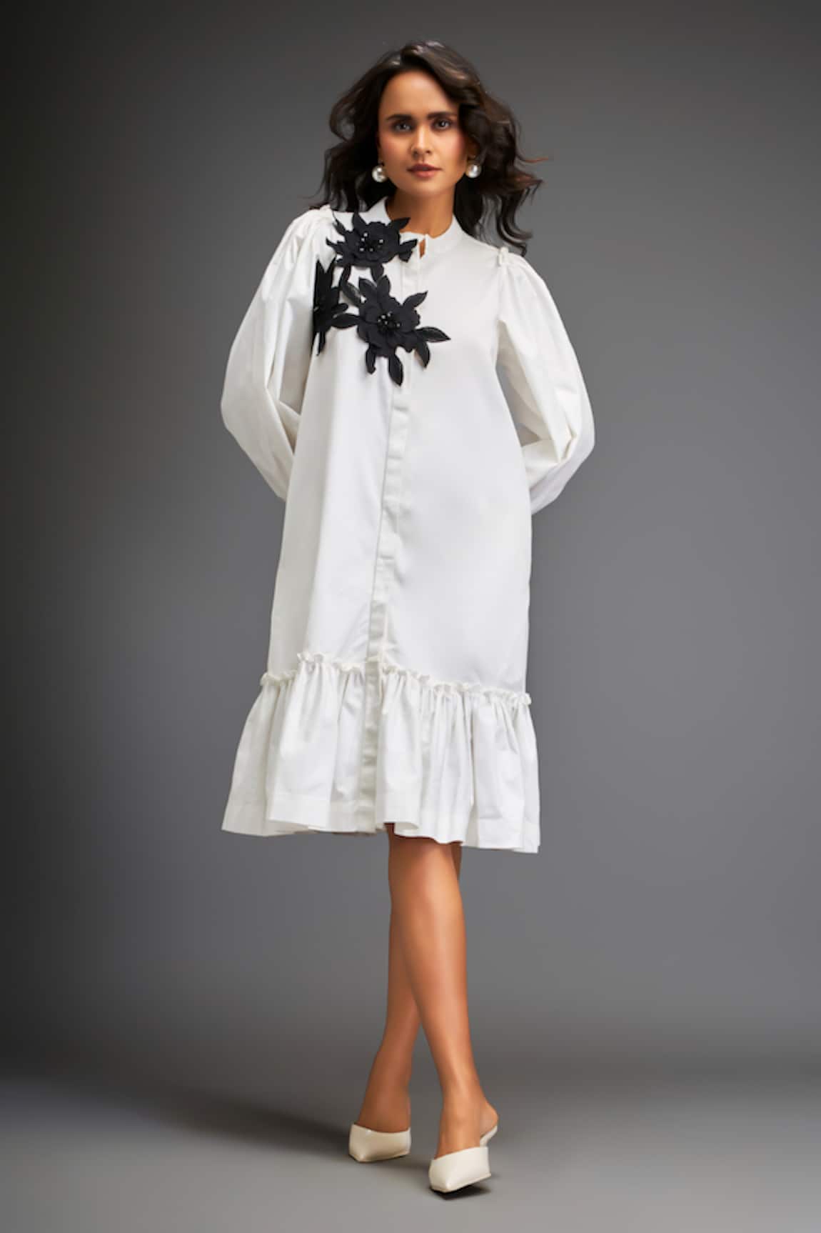 Deepika Arora Contrast Flower Applique Dress 