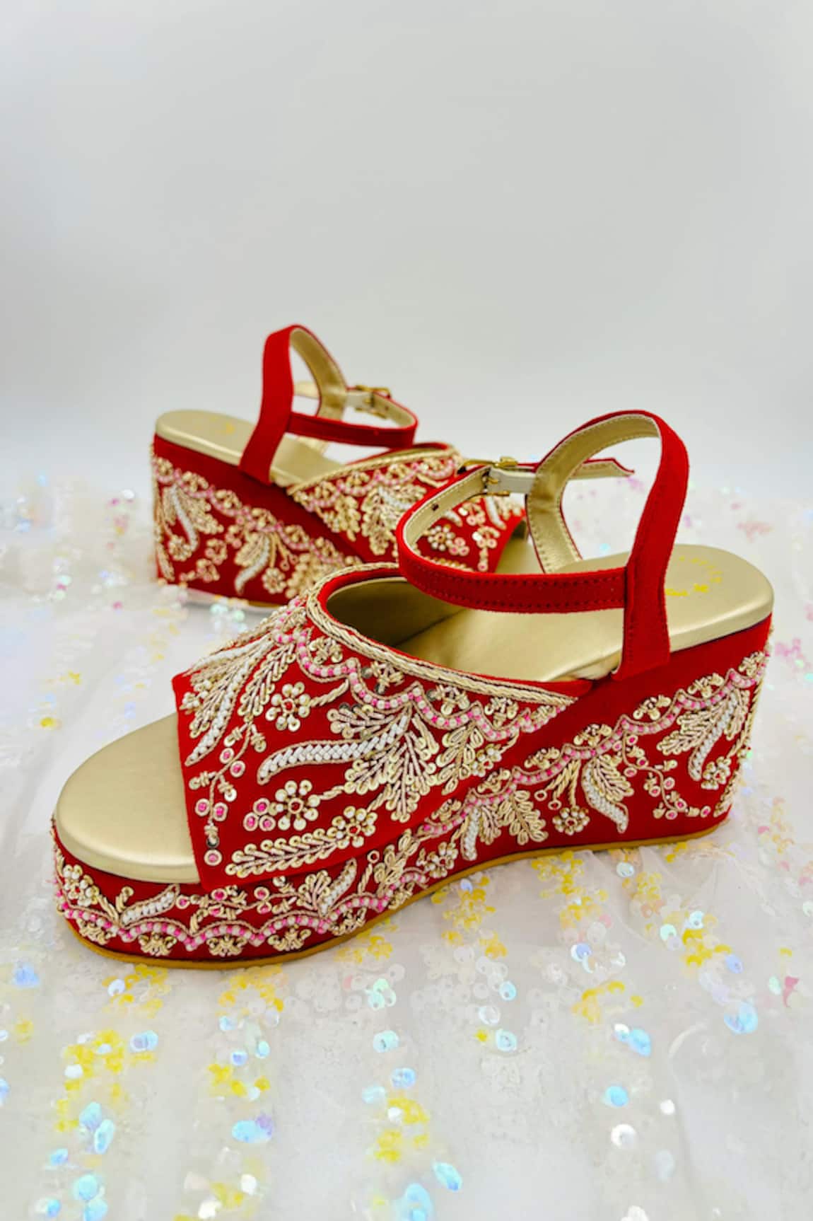 Shiveen Shiveen Floral Embroidered Red Velvet Wedges 