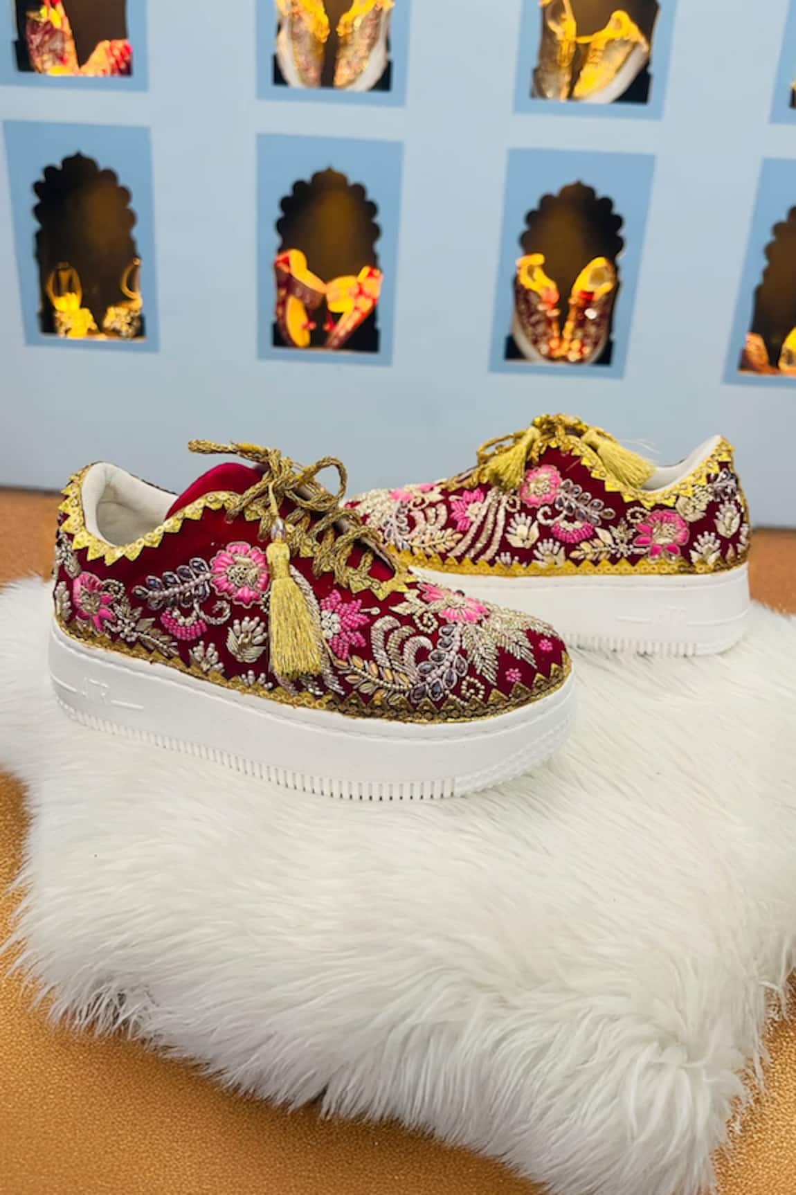 Shiveen Shiveen Maroon Floral Embroidered Sneaker Wedges 