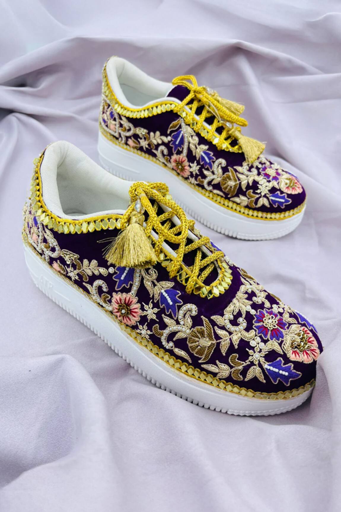 Shiveen Shiveen Floral Embroidered Purple Heeled Sneakers 