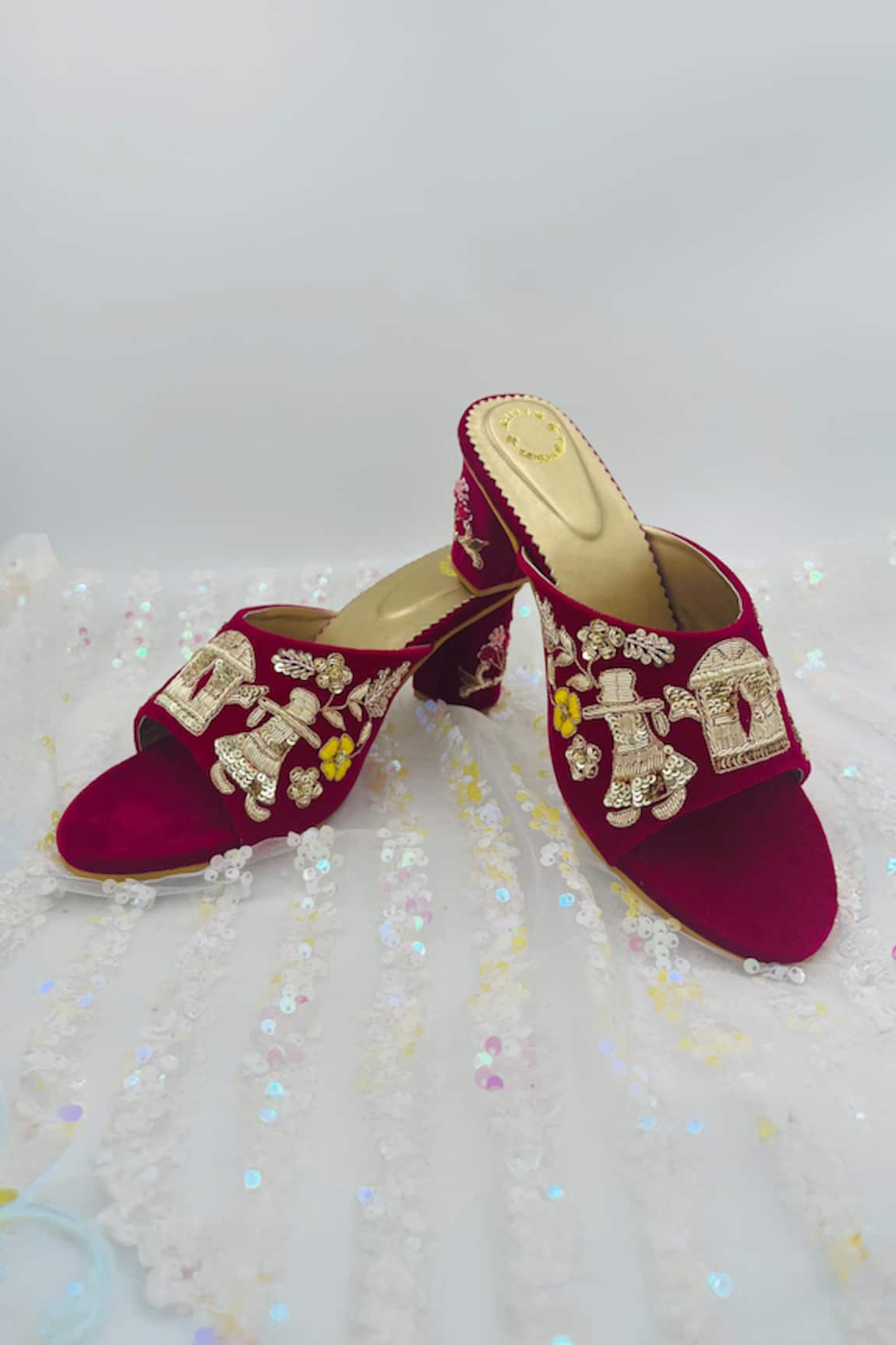 Shiveen Shiveen Maroon Velvet Zari Embroidered Heels 