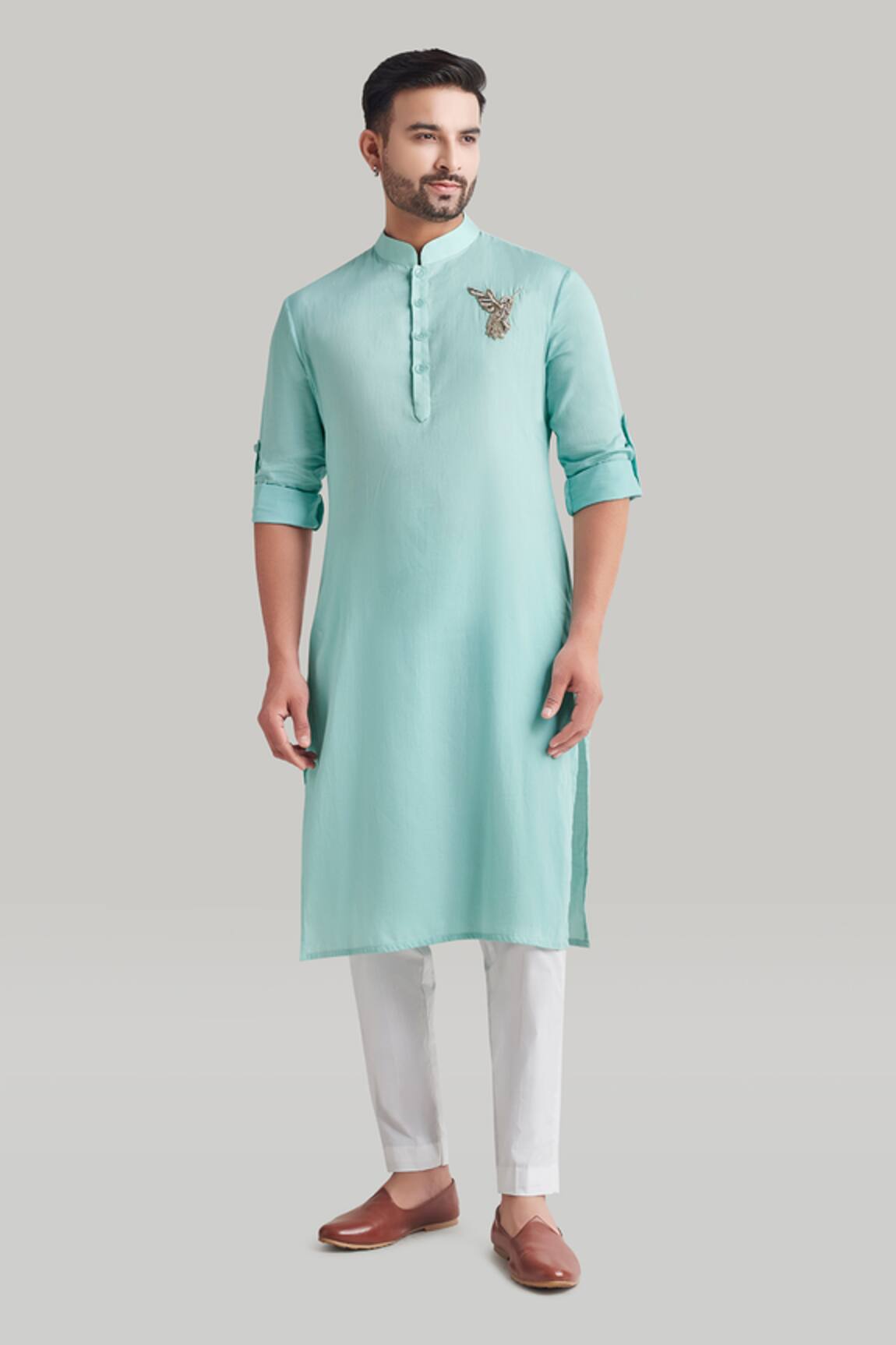 Blue Lotus Design Bird Motif Embroidered Kurta & Pant Set