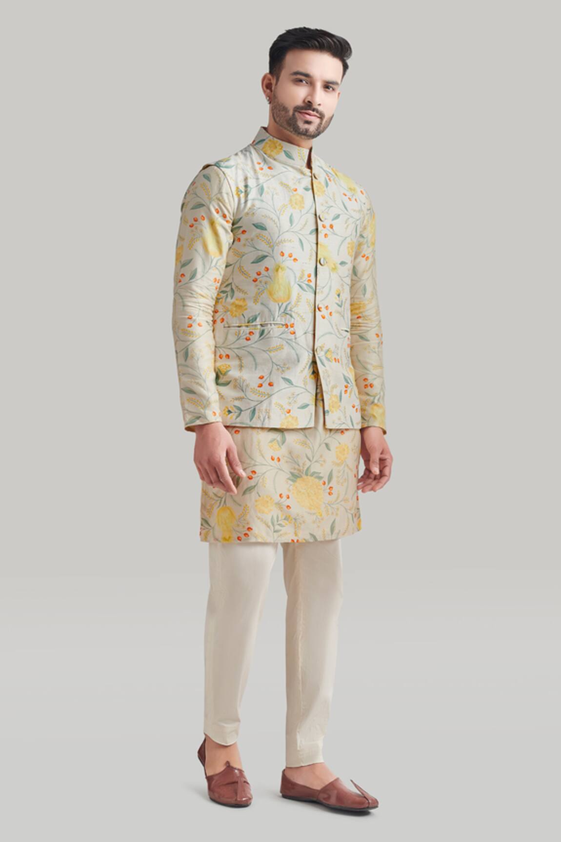 Blue Lotus Design Floral Print Bundi Kurta Set