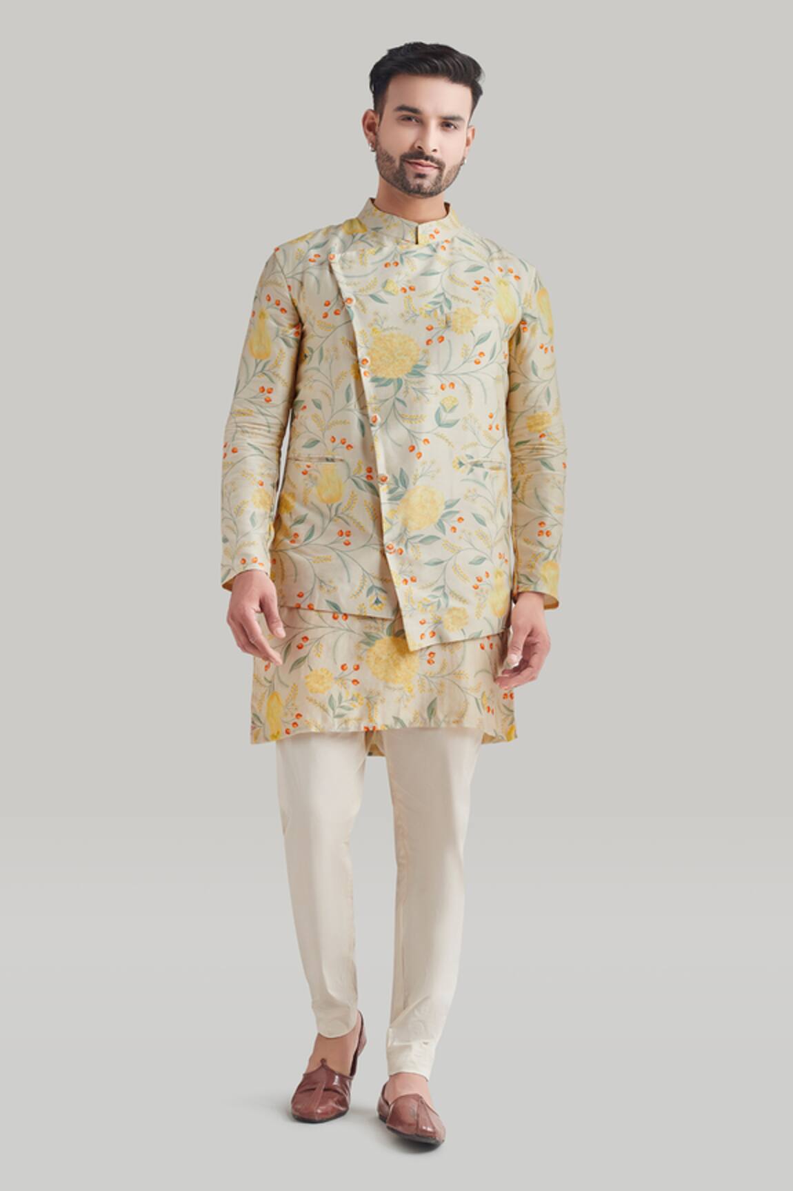 Blue Lotus Design Floral Print Asymmetric Bundi