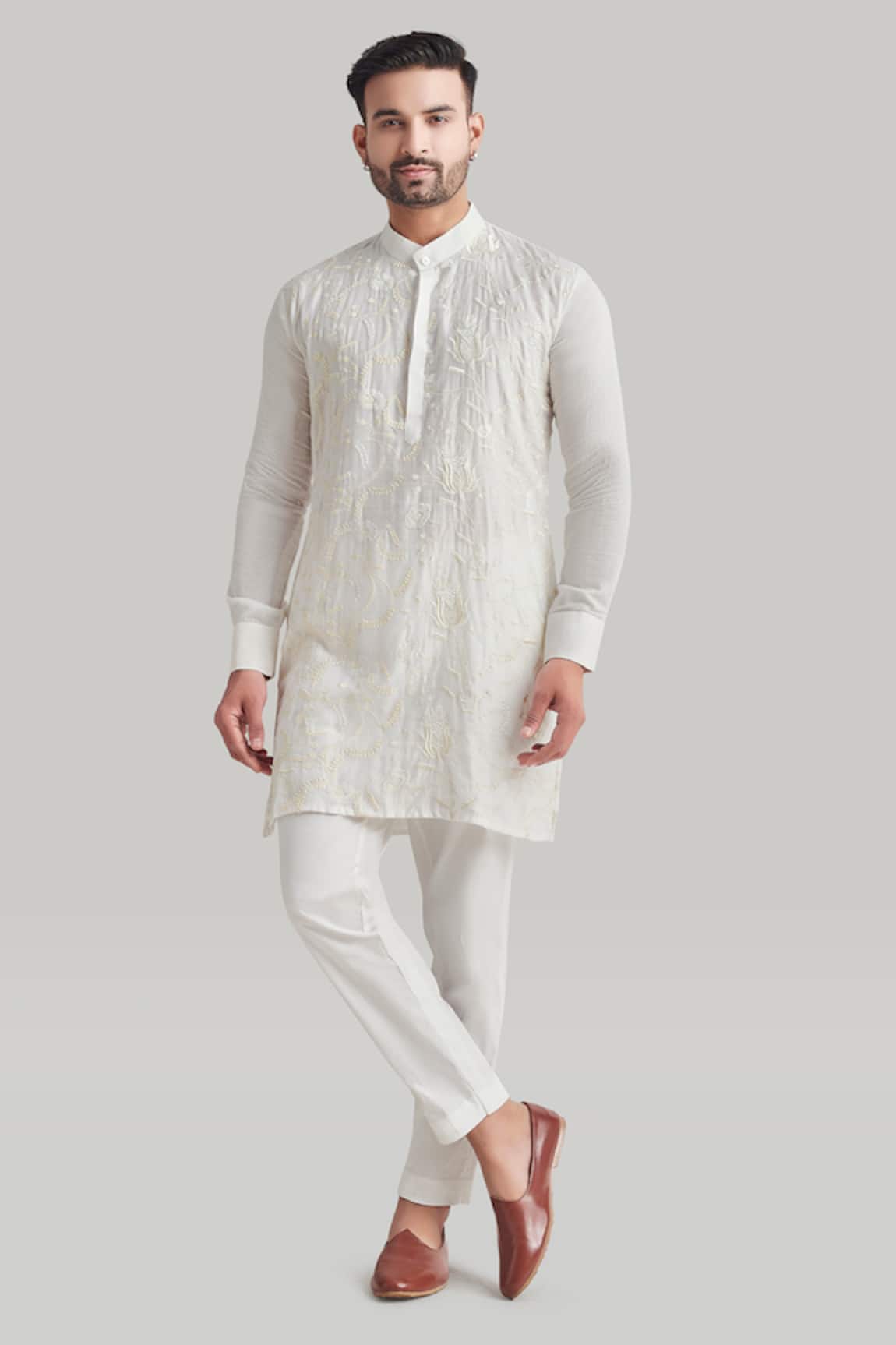 Blue Lotus Design Plain Buttoned Placket Kurta & Pant Set