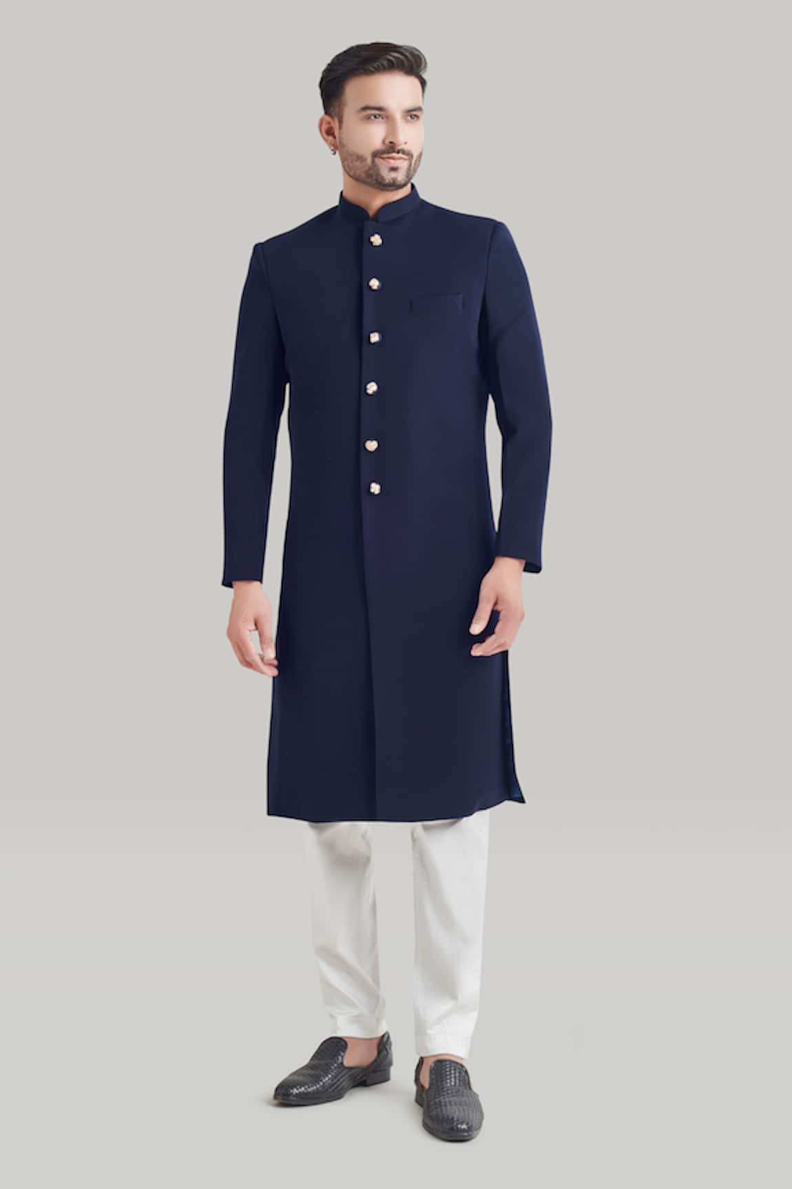 Blue Lotus Design Buttoned Sherwani & Pant Set