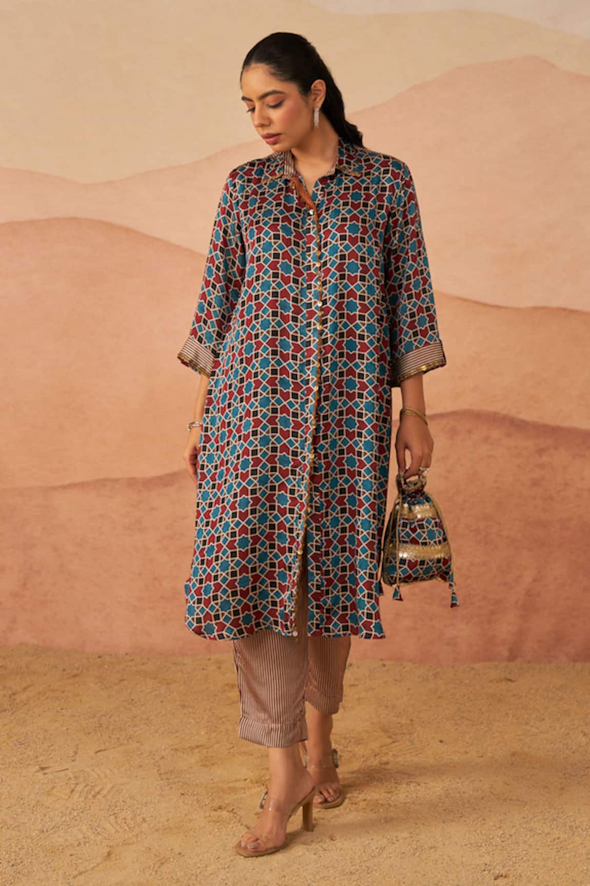 Rainas Do Rangi Ajrakh Pathani Set 