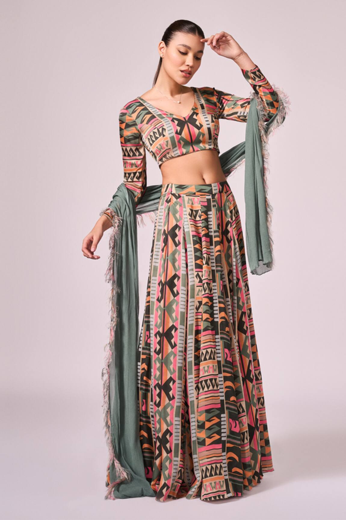 Koswi Geometric Print Slit Lehenga Set 