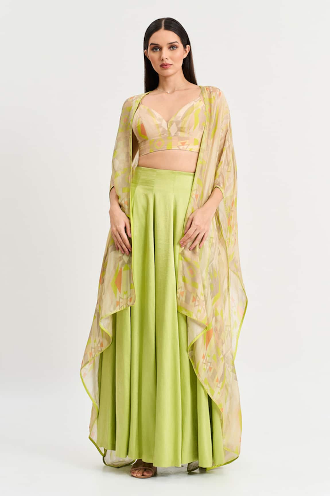 Koswi Solid Lehenga Set With Printed Cape