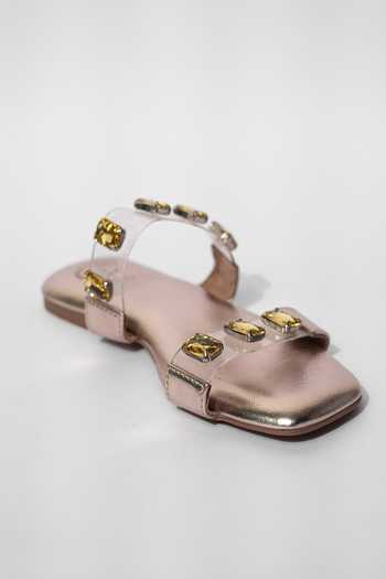 Sana K Luxurious Footwear Crystal Embellished Clear Strap Flats 