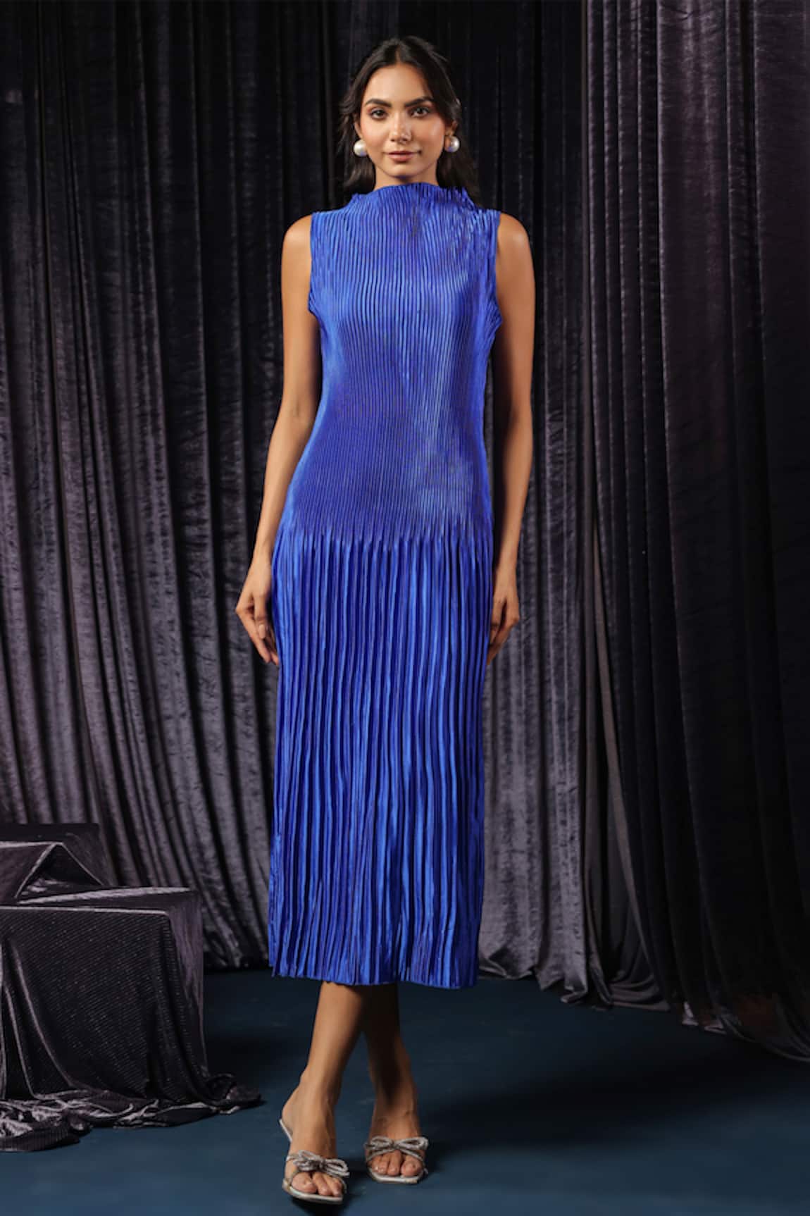 B'Infinite Pleated High Neck Midi Dress 