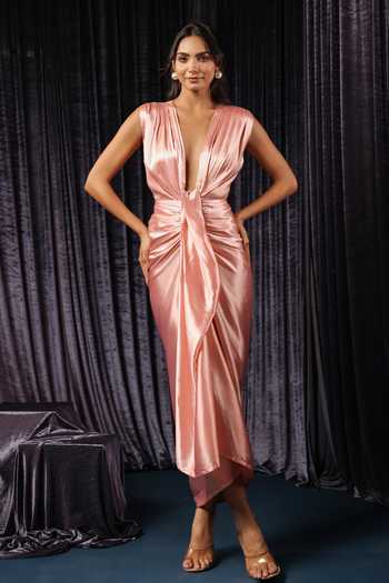 B'Infinite Metallic Plunge Neck Draped Dress 