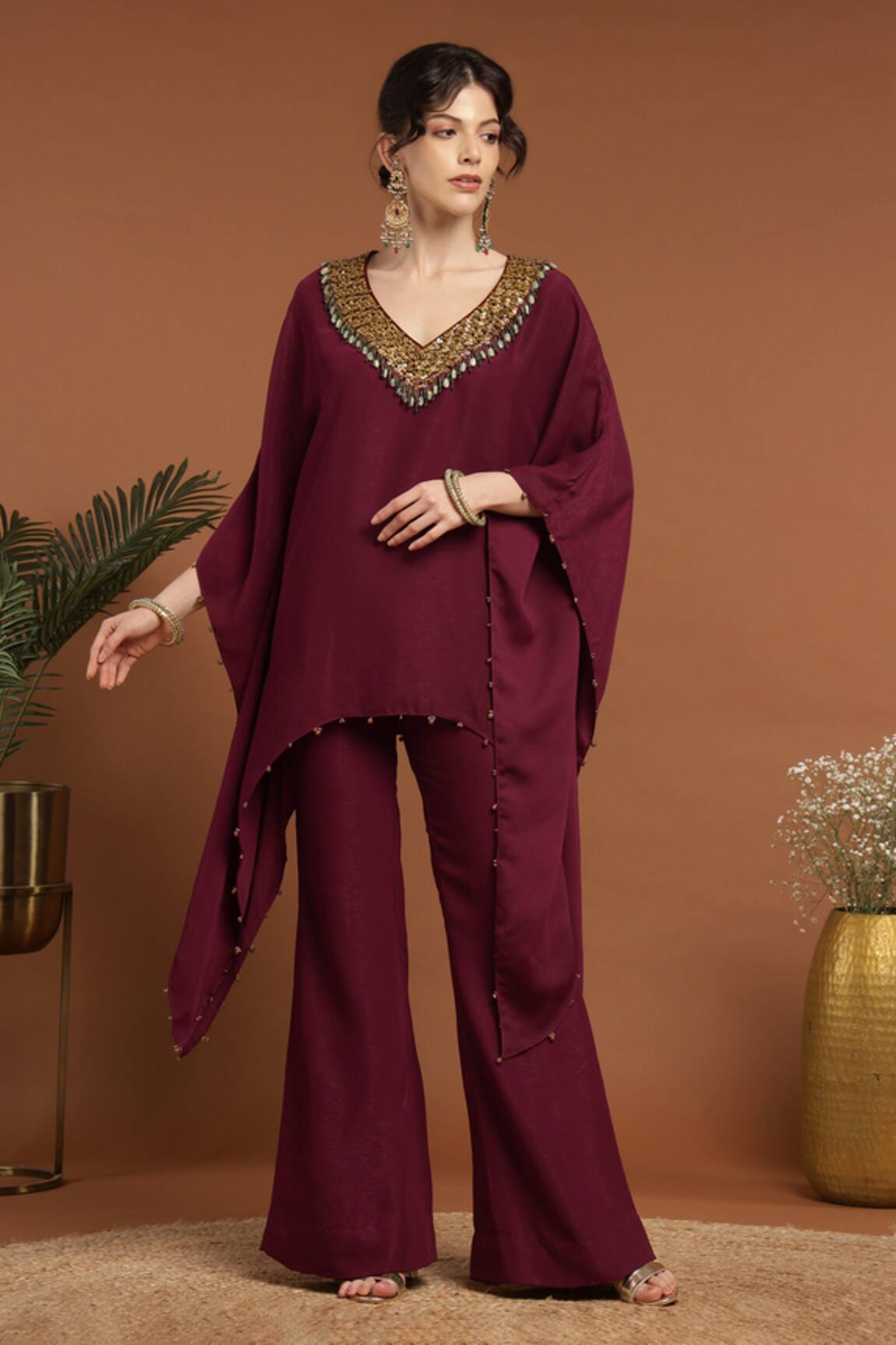 Rirasa Asymmetric Embroidered Neckline Kaftan & Pant Set 