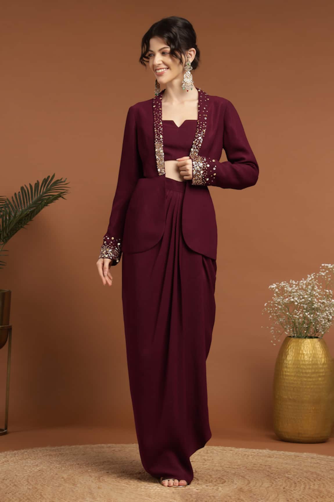Rirasa Sequin Embroidered Jacket Draped Skirt Set 