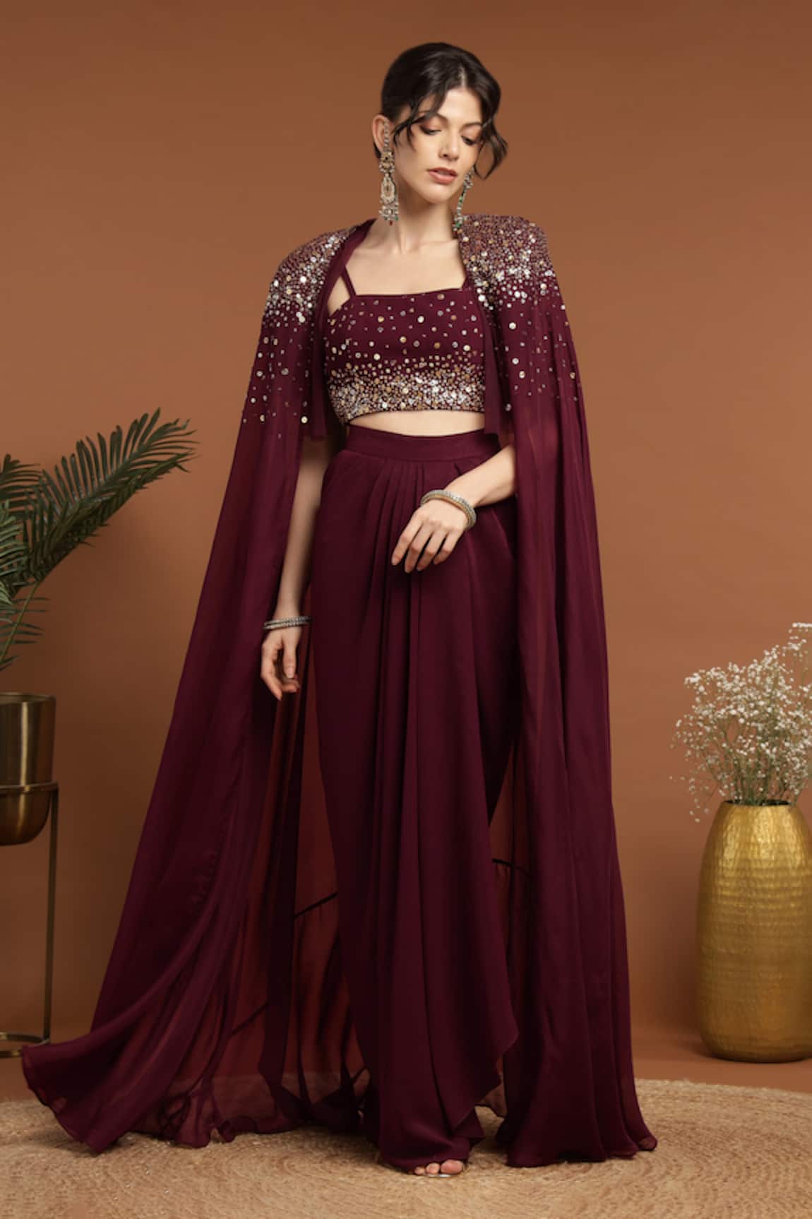 Rirasa Celeste Bead & Sequin Embroidered Cape & Draped Skirt Set 