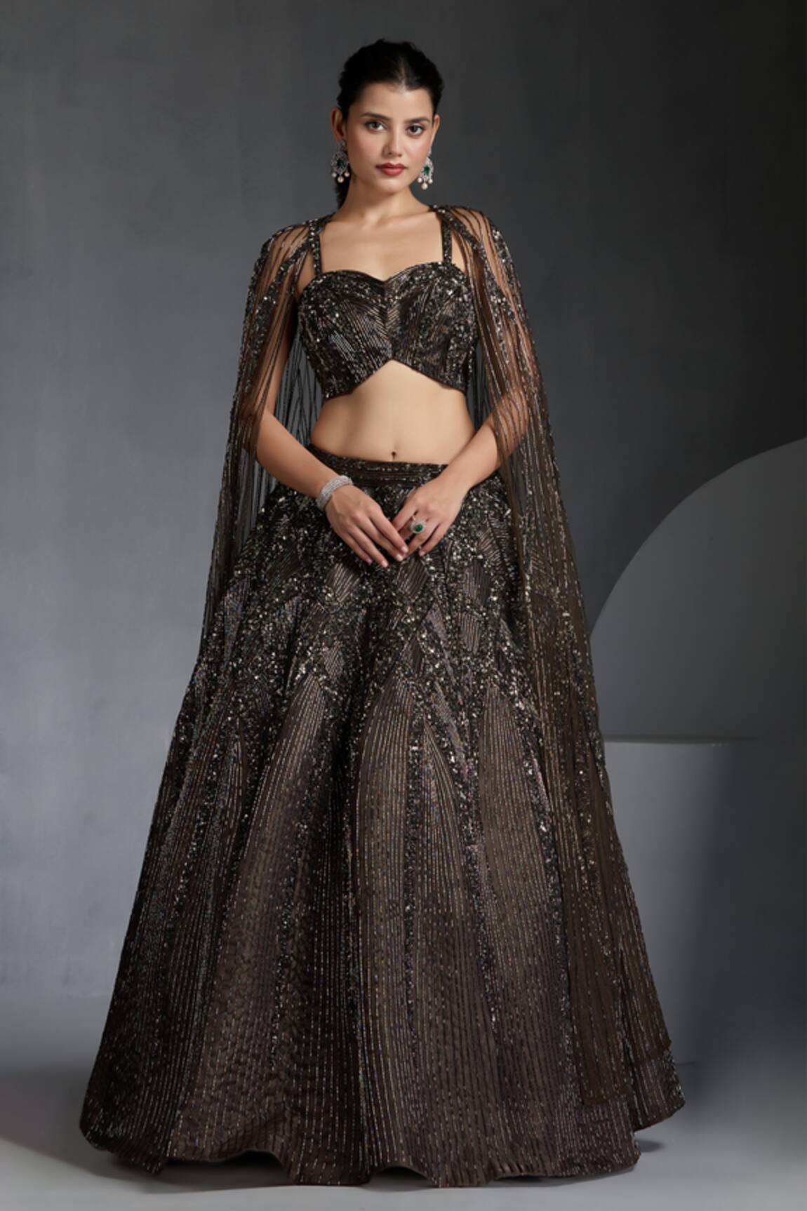 Chaashni By Maansi And Ketan Cutdana Embroidered Lehenga Set With Cape 